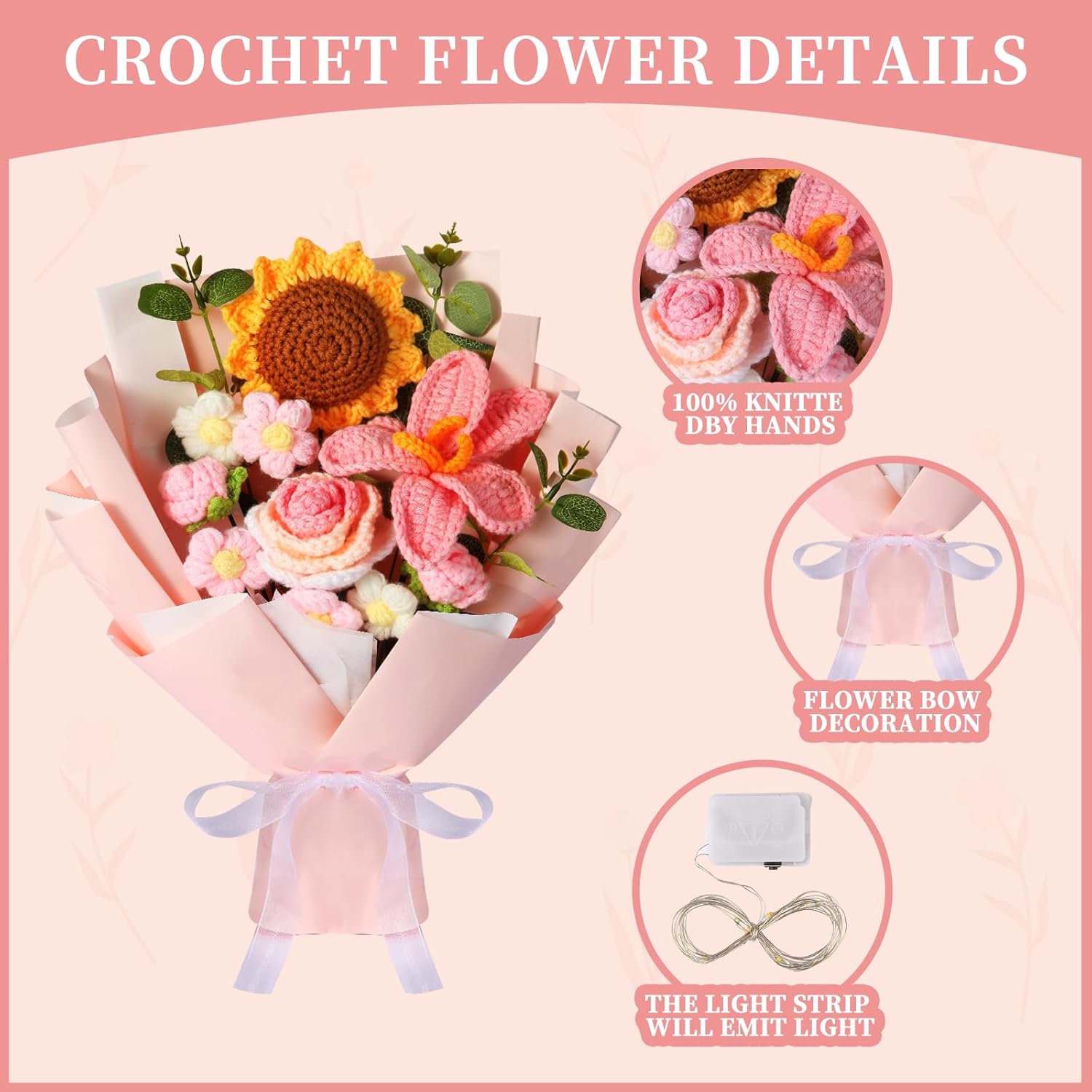 Crochet Flower Bouquet, Handmade Knitted Flowers, Crochet Sunflower Bouquet for Birthday Party Wedding Anniversary Mother's Day Graduation Gifts(Pink) - Image 4