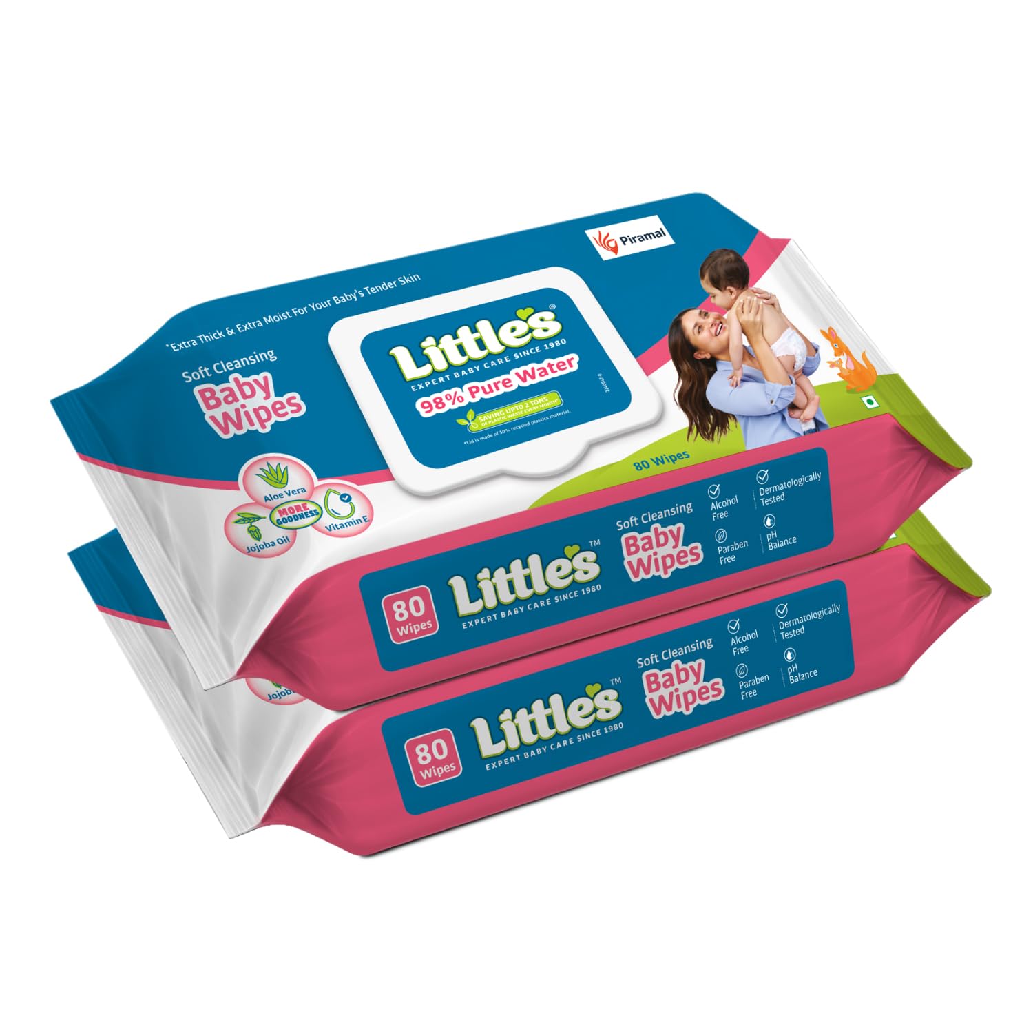 Little's Soft Cleansing Baby Wipes with Lid | 80 Wipes x Pack of 2 - 160 Wipes | Extra Thick & Moist Wet Wipes for Baby's | Prevents Rashes & Redness with Goodness of Aloe Vera, Vitamin E & Jojoba Oil