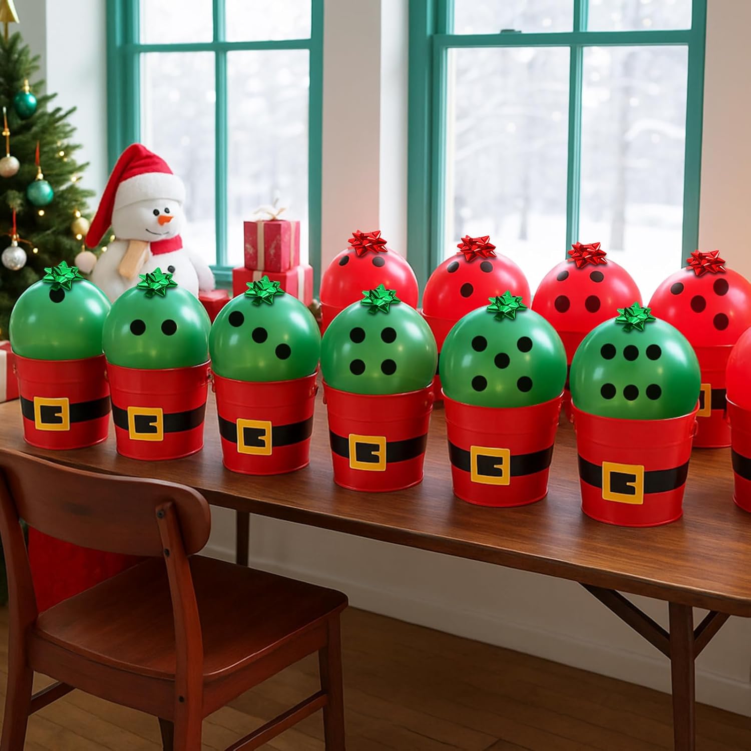 Arrowbash 12 Sets Christmas Gift Bucket Game Include Plastic Santa Belt Buckets with Handles Stress Ball Dice Garland Dart Pen Red and Green Balloons for Christmas Decorations Holiday Supplies