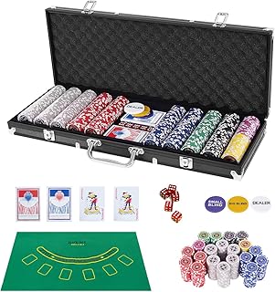 HOMASIS Pokerset mit 500 Chips, Alu Pokerkoffer mit 2 Kartendecks, 5 Würfeln, 3 Dealer Button & Matte, Poker Koffer abschließbar, Poker Set Pokerkarten für Texas Hold'em (500 Chips, Schwarz)