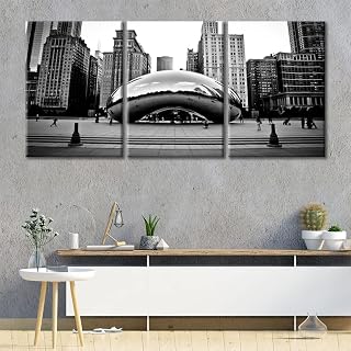 TUMOVO Wall Decorations for Living Room Cloud Gate Mirror Sculpture Pictures Wall Painting Black and White Wall Art Modern Chicago Downtown Landscape Canvas Art Prints Ready to Hang, 60" Wx28 H