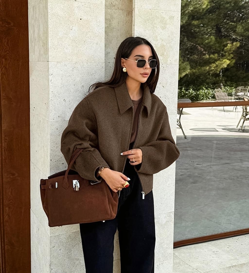Bomber Jacket Women Wool Long Sleeve Lapel Zip Up Brown Jacket Women Casual 2025 - Image 3