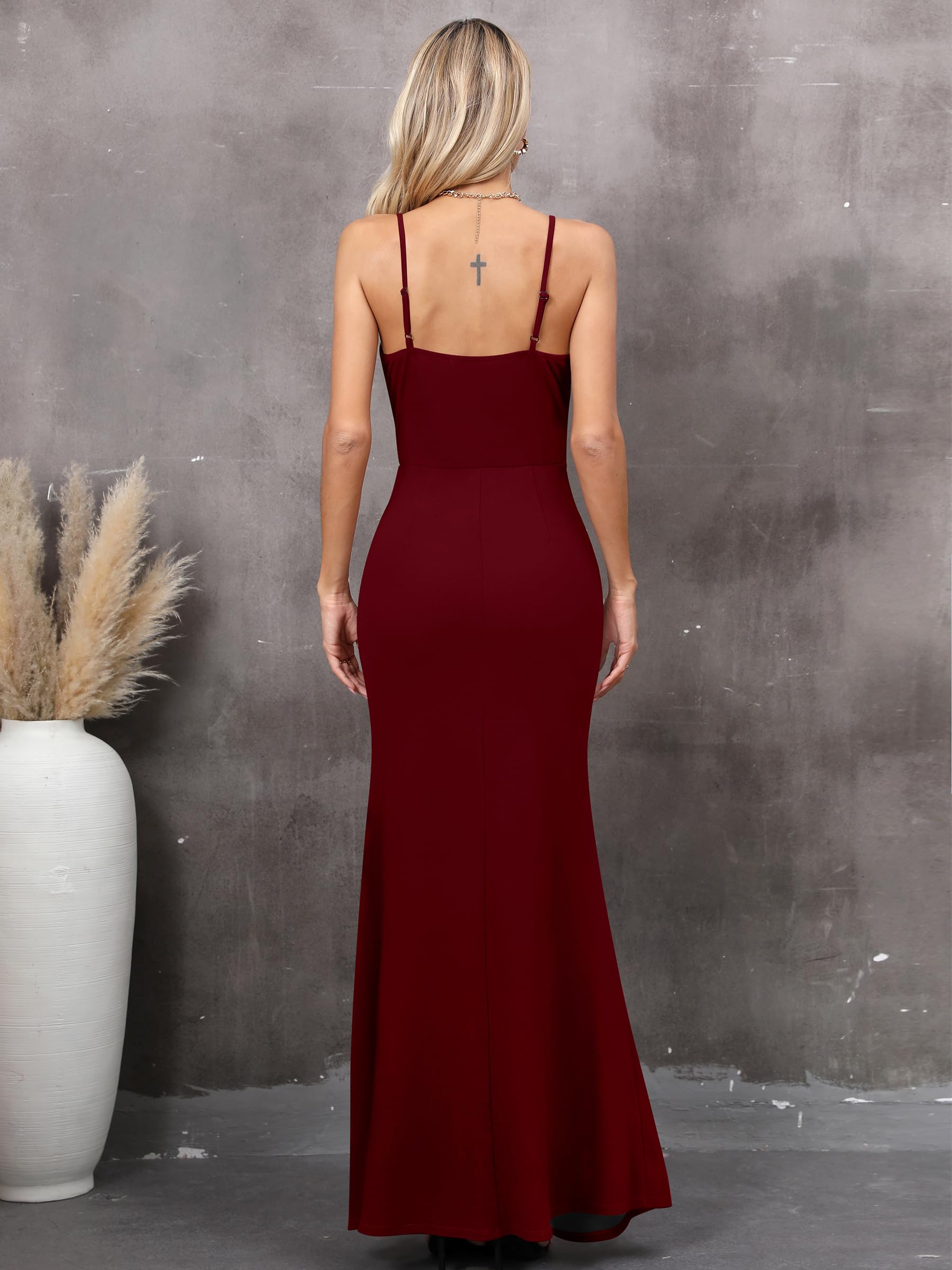 Missufe Schlitz Cocktail Maxi Lang Abendkleider Damen Partykleid Spaghettiträger Ärmellos Wickelkleid Hochzeit Ballkleid (Burgunderrot – Bild 5