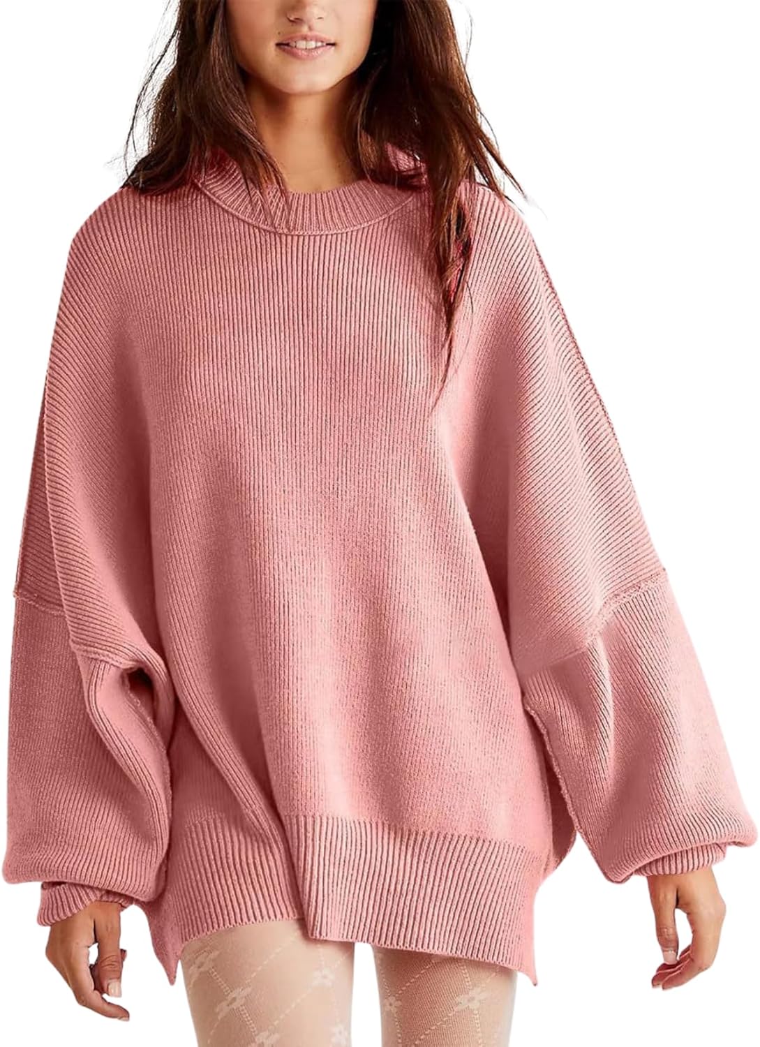 Women's Batwing Sweater Oversized Knit Pullover with Side Slits Fall Casual Crewnec...
