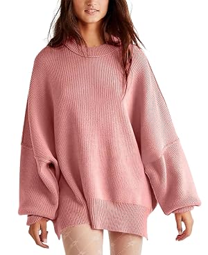 LIZALIG Womens Oversized Batwing Casual Sweaters Fall Outfits Knit Side Slit Fashion Crewneck Pullover Batwing Tops