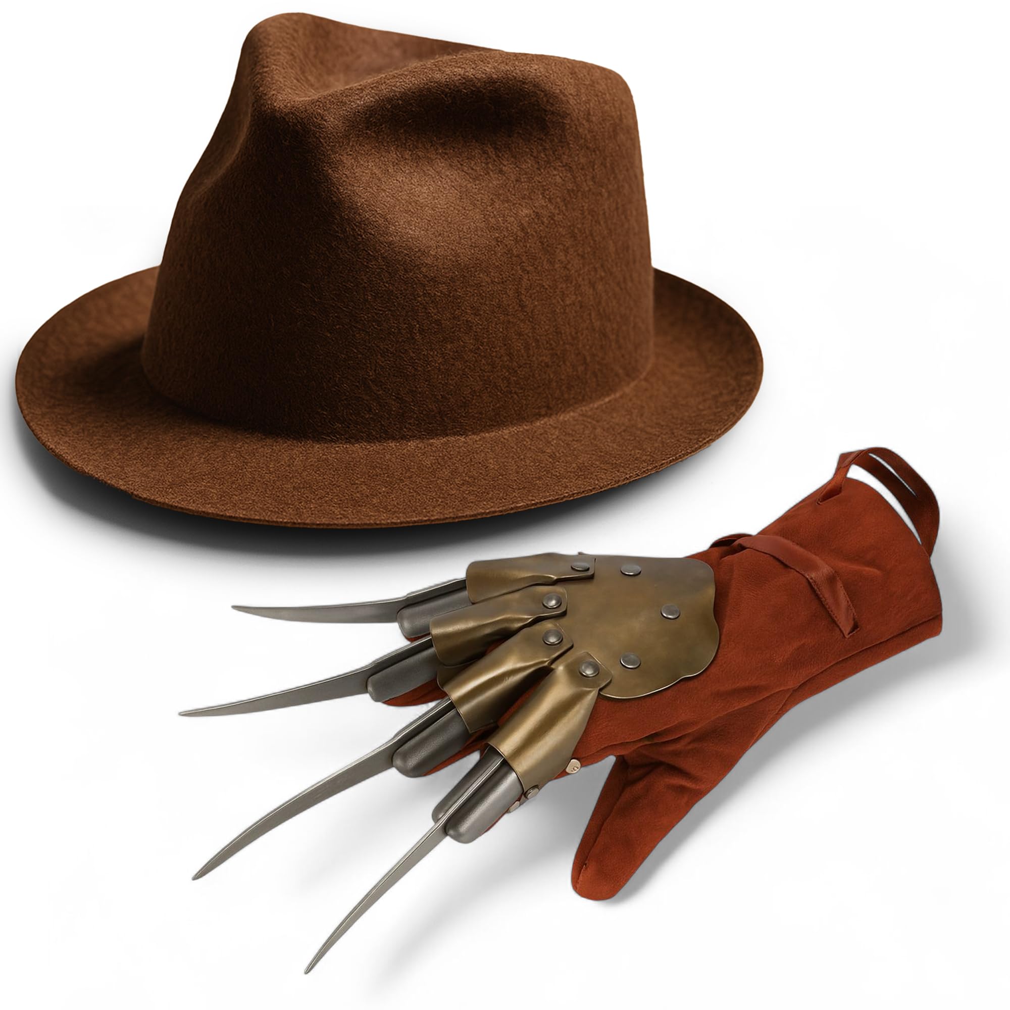 Ploutos World Wide Freddy Krueger Hat & Glove Set – Horror Killer Halloween Costume Accessories for Adults, Scary Nightmare Claw Glove & Brown Fedora Hat for Fancy Dress Party