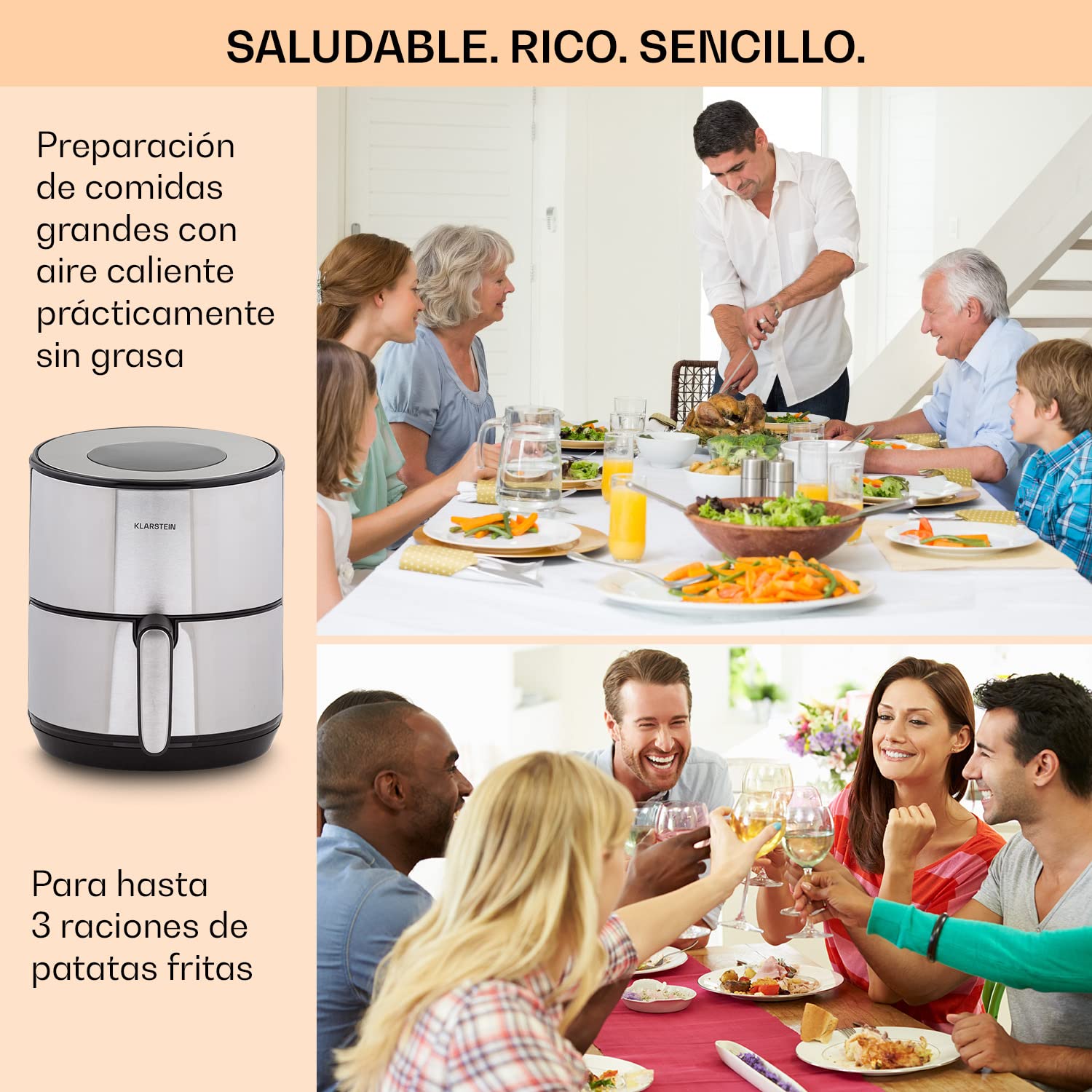 Klarstein Freidora de Aire Caliente, de 1500W de Calentamiento Rápido para Cocinas, Freidora Sin Aceite Digital de 4.3L, Pantalla Táctil, Temporizador, Temperatura Ajustable, Air Fryer 8 Programas