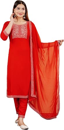 Indian Womens Tunic Tops Straight Rayon Red Kurtis Pant Sets W Nazmeen Dupatta/A-Line Kurti Tunics