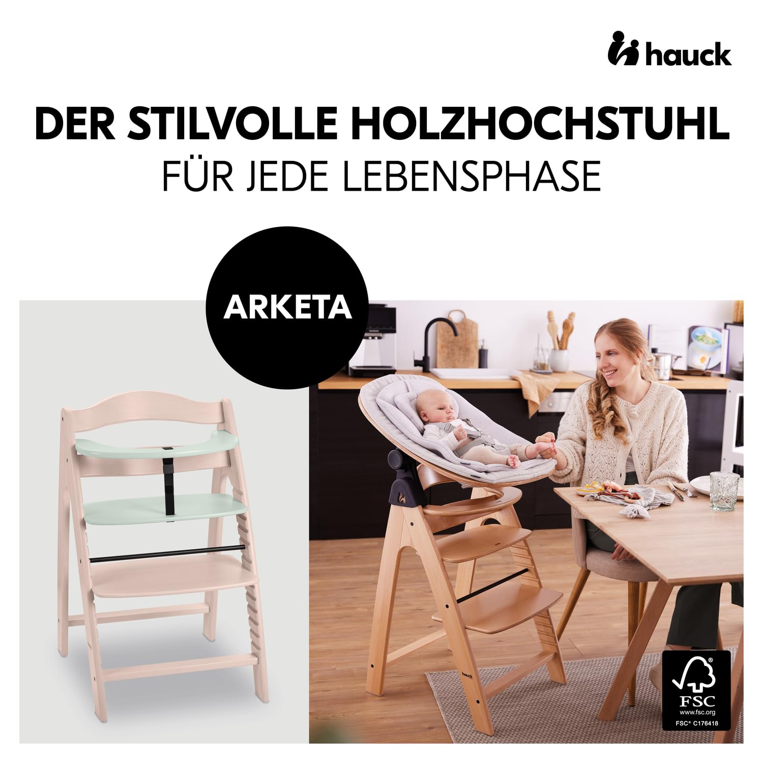 hauck Arketa Holz Hochstuhl Baby mitwachsend bis 130 kg, Whitewashed Mint