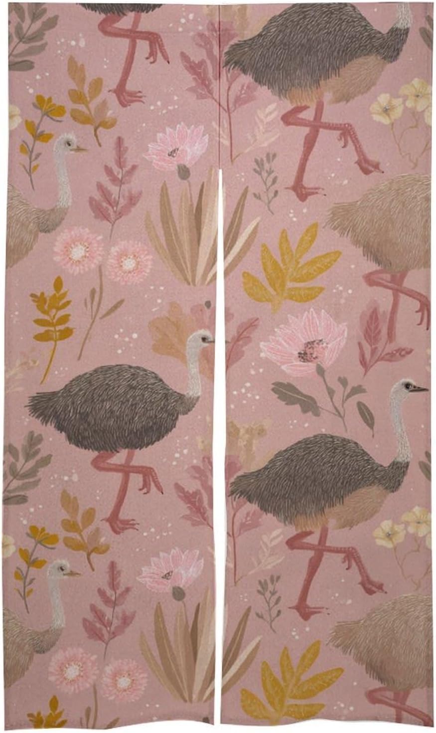 Ostriches Floral Doorway Curtain Insulated Room Divider Drapes | white linen,privacy curtains