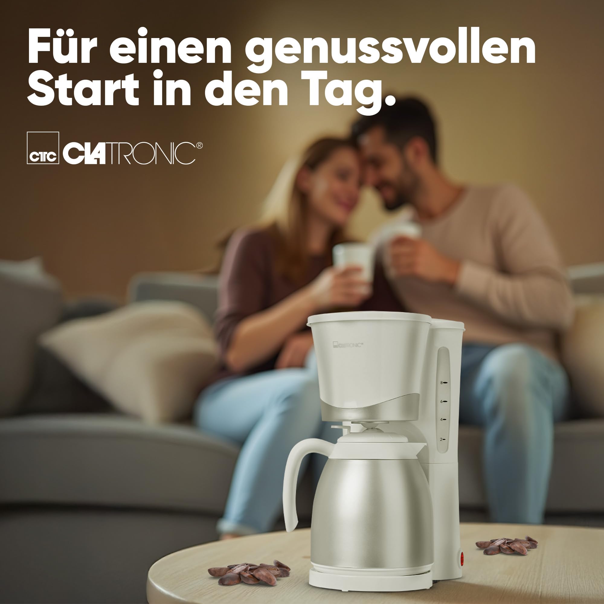 Clatronic KA 3327 - Cafetera eléctrica de goteo automática con jarra termo, máquina café de filtro capacidad 8 a 10 tazas, 1 litro, función de mantenedora calor, 870 W, color blanca