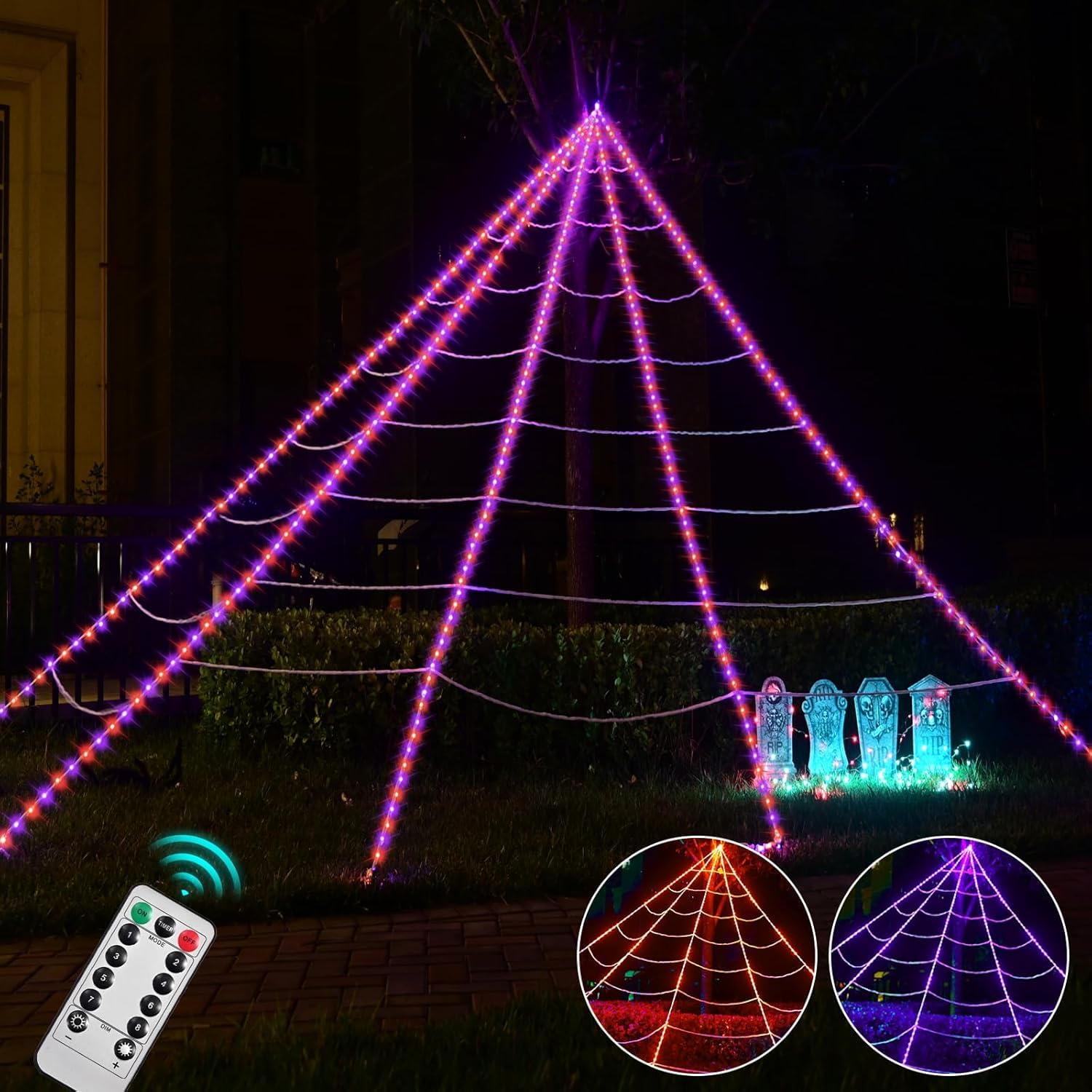 Maxee Halloween LED Spider Web Lights, 5m Giant Net with 26m Light String, Remote 8 Modes Timer, Indoor Outdoor Garden Decor, Purple & Orange, A+++ Energy Class