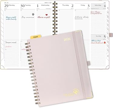 POPRUN 2026 Planner Daily Weekly and Monthly Calendar with Hourly Schedule, Monthly TabsLarge Size 10 x 8 Wire-Bound Hard Cover - Agenda 2026 Jan.2026-Dec.2026 - Light Pink