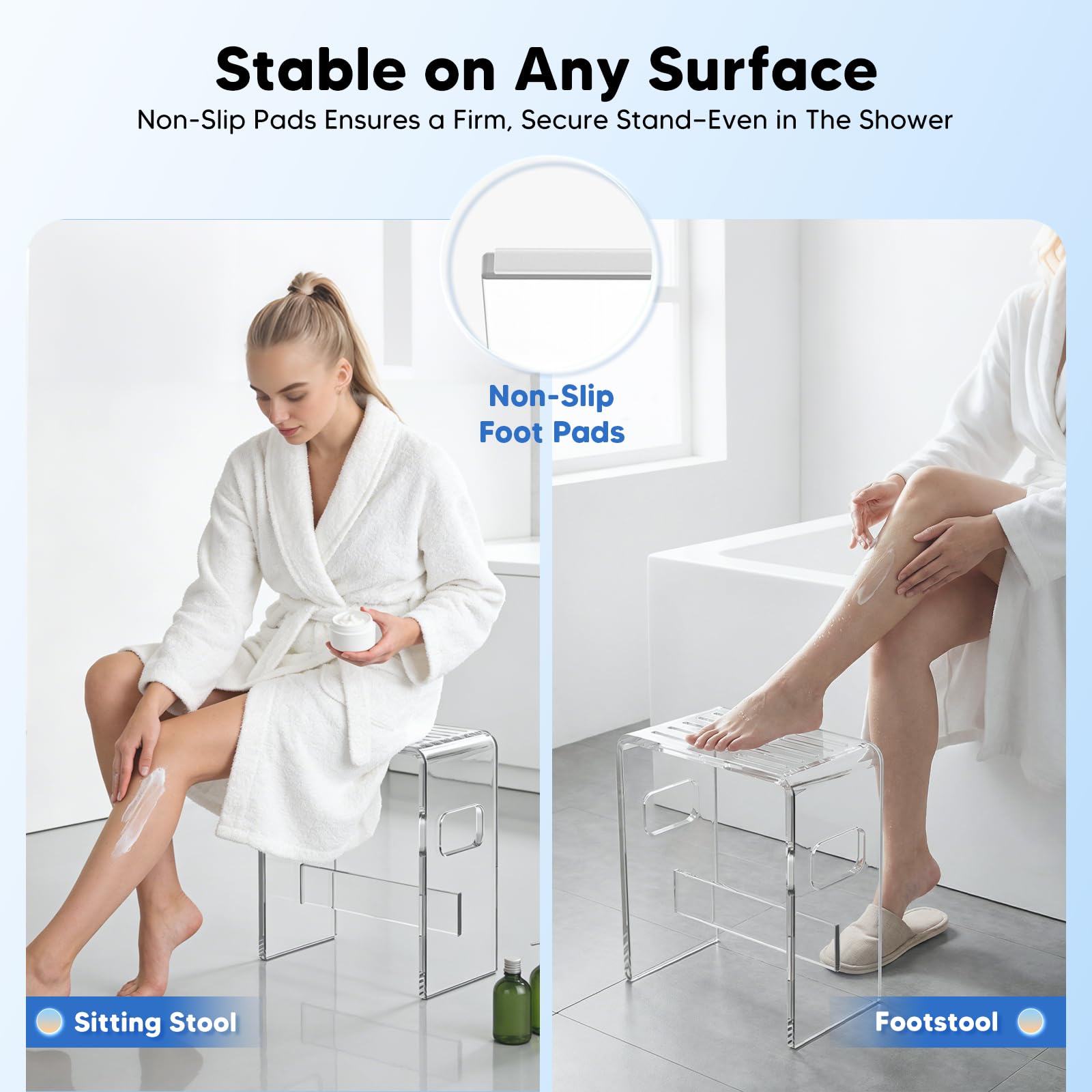 Taburete de Ducha de acrílico Transparente,18 cm de Alto, U con Ranuras de Drenaje,Taburete de baño, Moderno, Transparente, Taburete Transparente para baño y Sauna 35 * 22 * 43cm