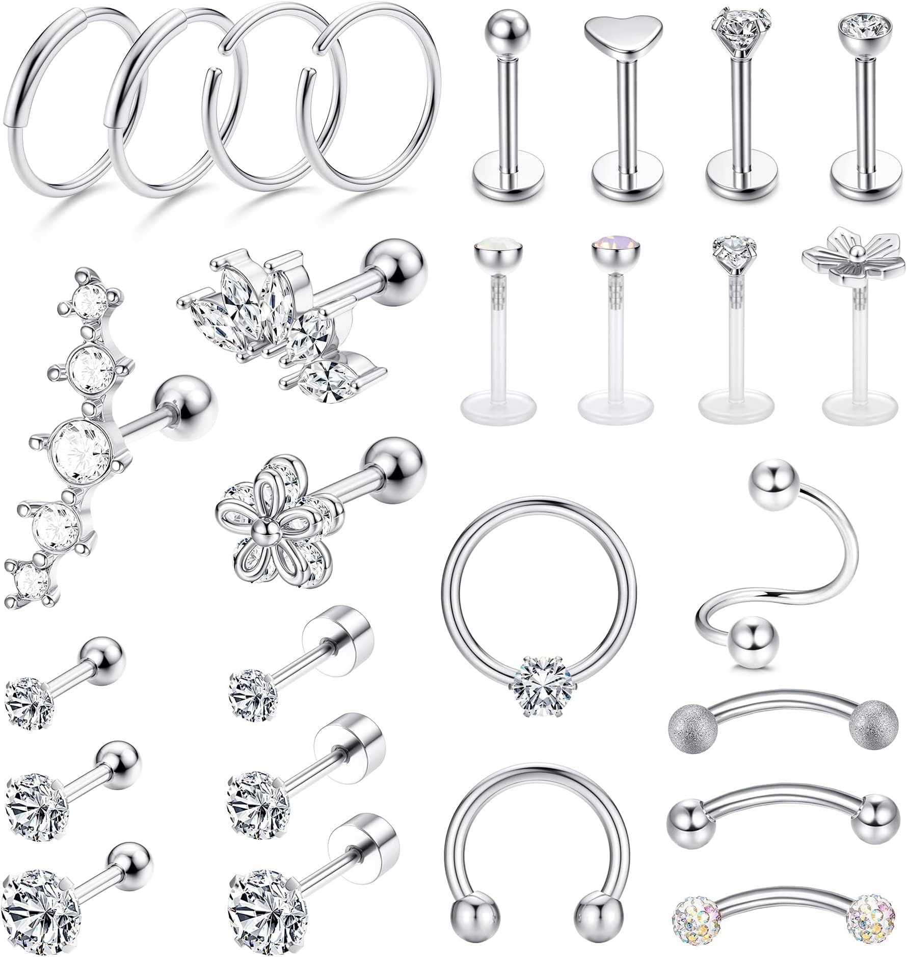 JeryWe27Pcs 16G Cartilage Earrings Stud Hoop for Women Men Stainless Steel Helix Piercing Tragus Earrings Forward Conch Piercing Jewelry