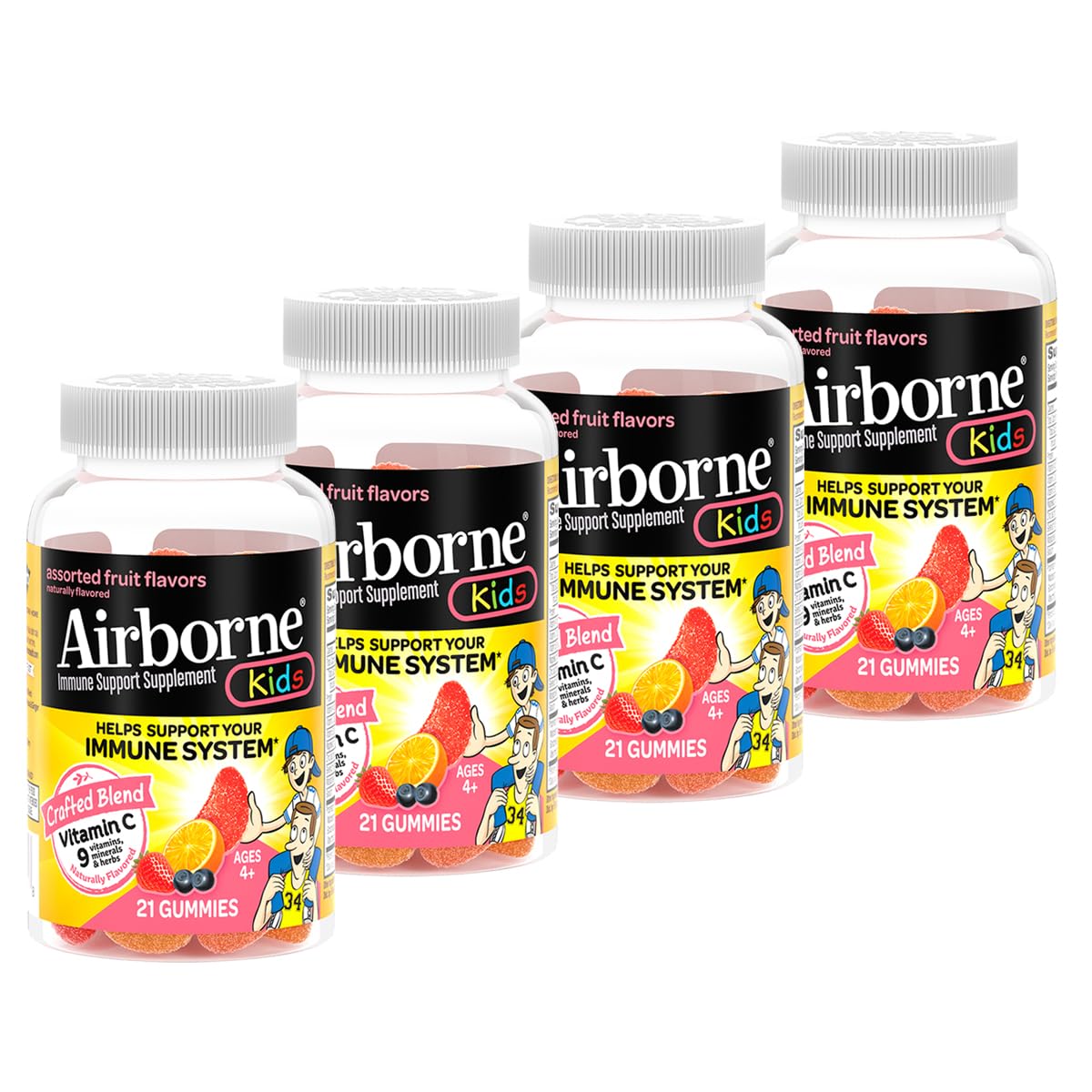 Airborne 500mg Vitamin C + Zinc Immune Support Supplement Gummies for Kids, Assorted Fruit Flavor, Gluten Free Crafted Blend with Powerful Antioxidants Vitamins C & E, 21 Gummies (4 Pack)
