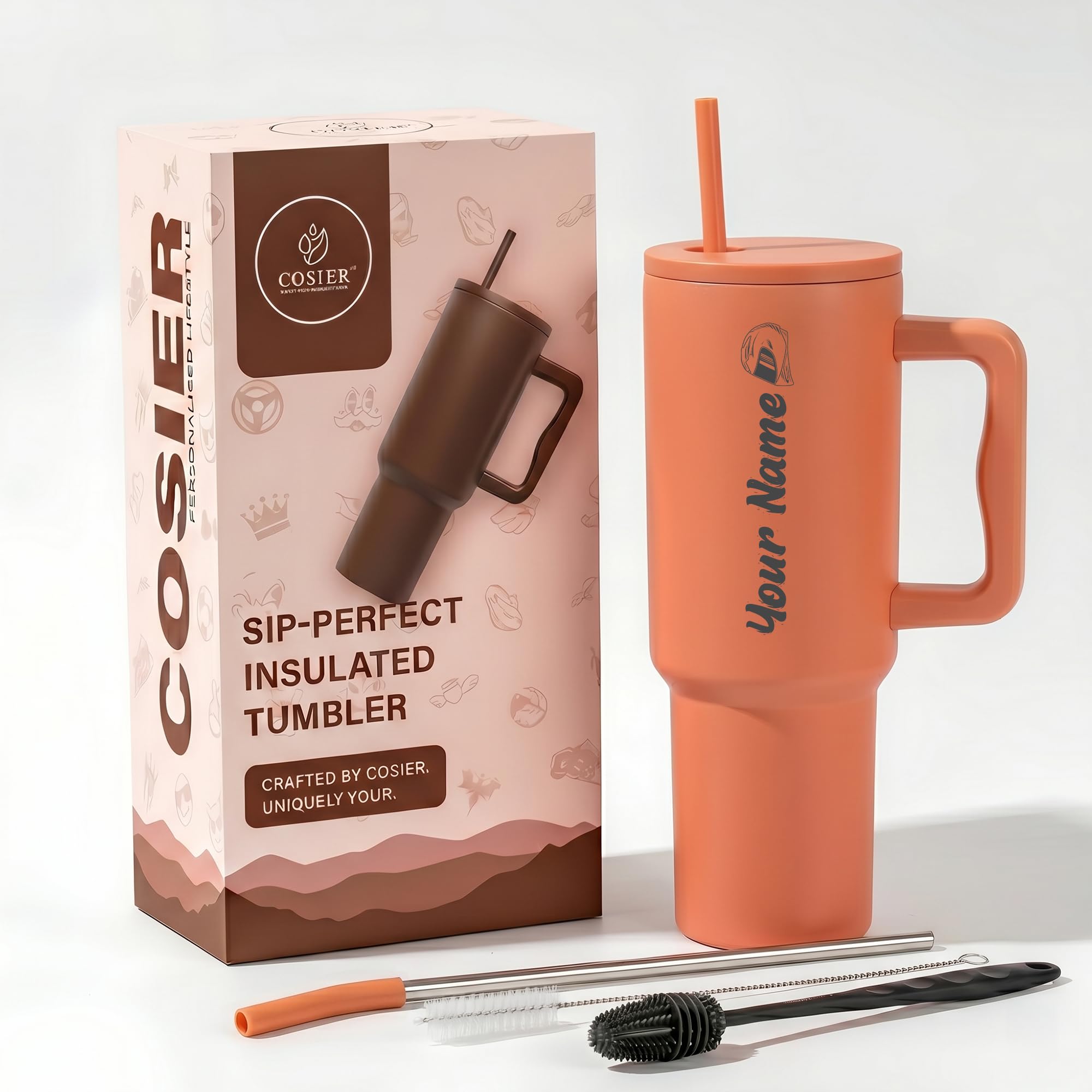 COSIER Personalised 1200ml Insulated Tumbler with Handle and Straw Lid – Large Travel Mug for Coffee & Water, Car Cupholder Friendly (Rusty Peach)