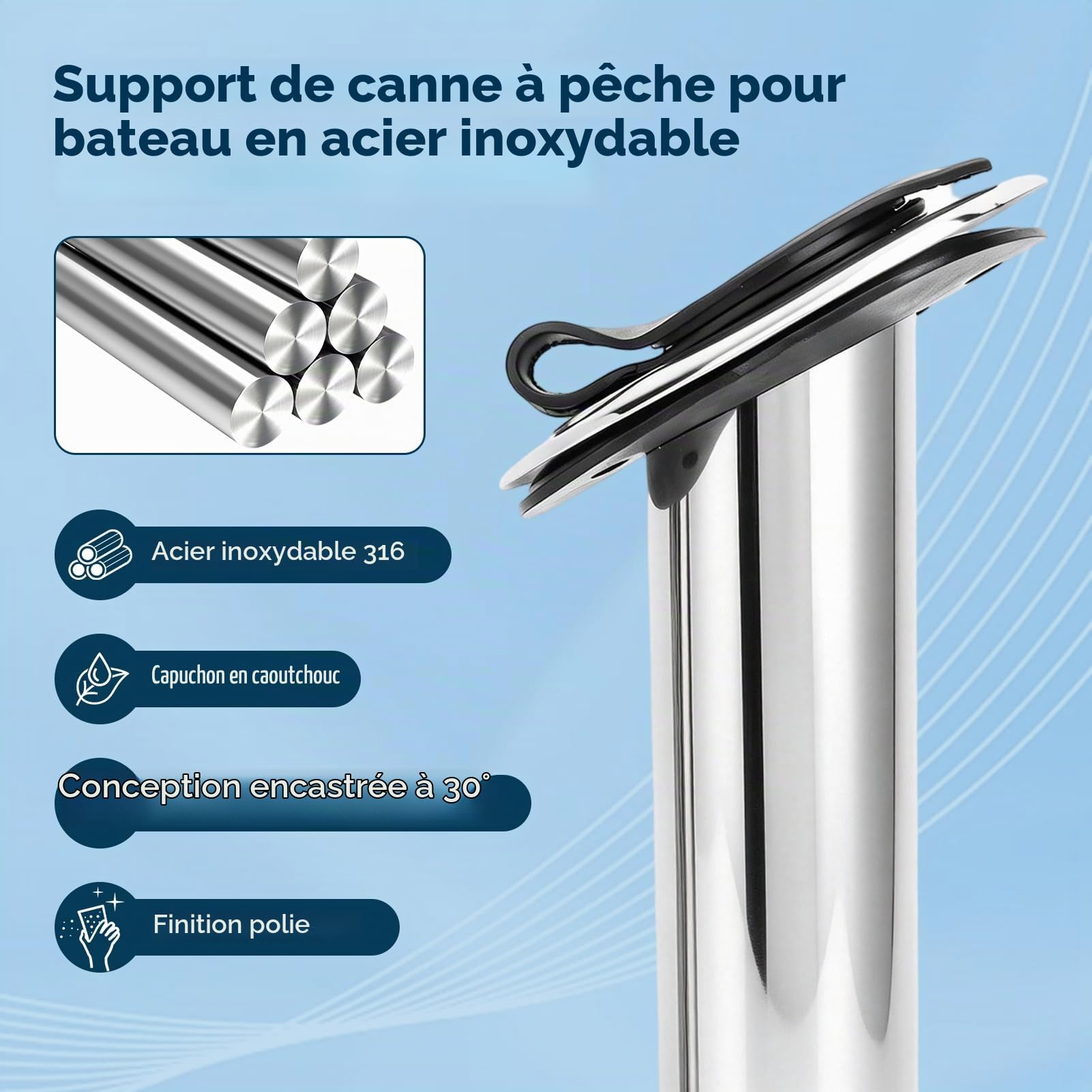 Affleurante Porte-Canne à Pêche, 2 pièces, Support de Canne à Pêche Encastré, en Acier Inoxydable 316, avec Couvercle de Joint à 30 degrés, pour Bateau Yacht Kayak Rail