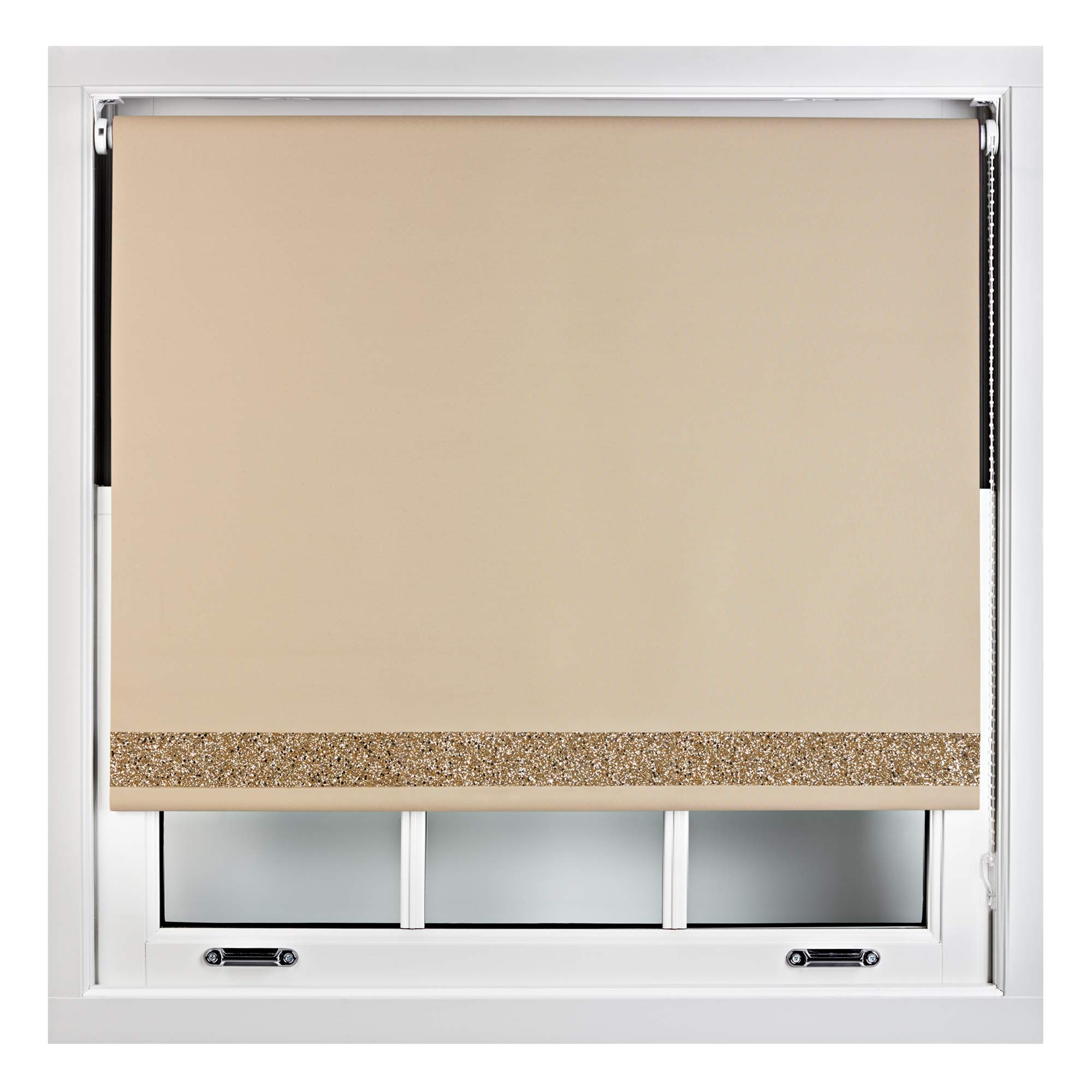 FURNISHED Blackout Roller Blinds With Glitter Edge - Trimmable Thermal UV Protection Fabric Easy Fit Sparkle Glitter Blind for Windows, Cappuccino 160W x 165H cm