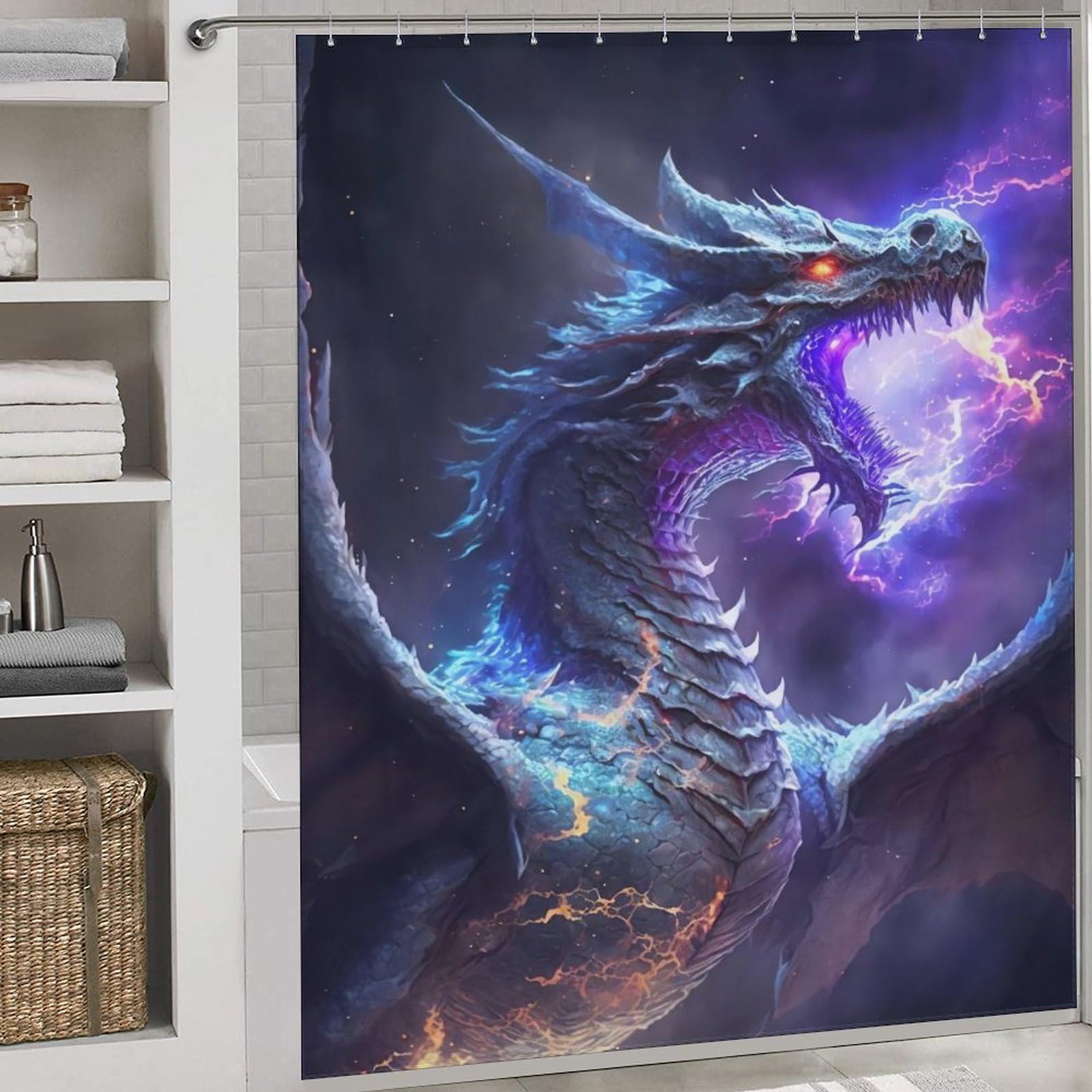 Rideau douche lavable machine motif dragon en tissu resistant avec trous