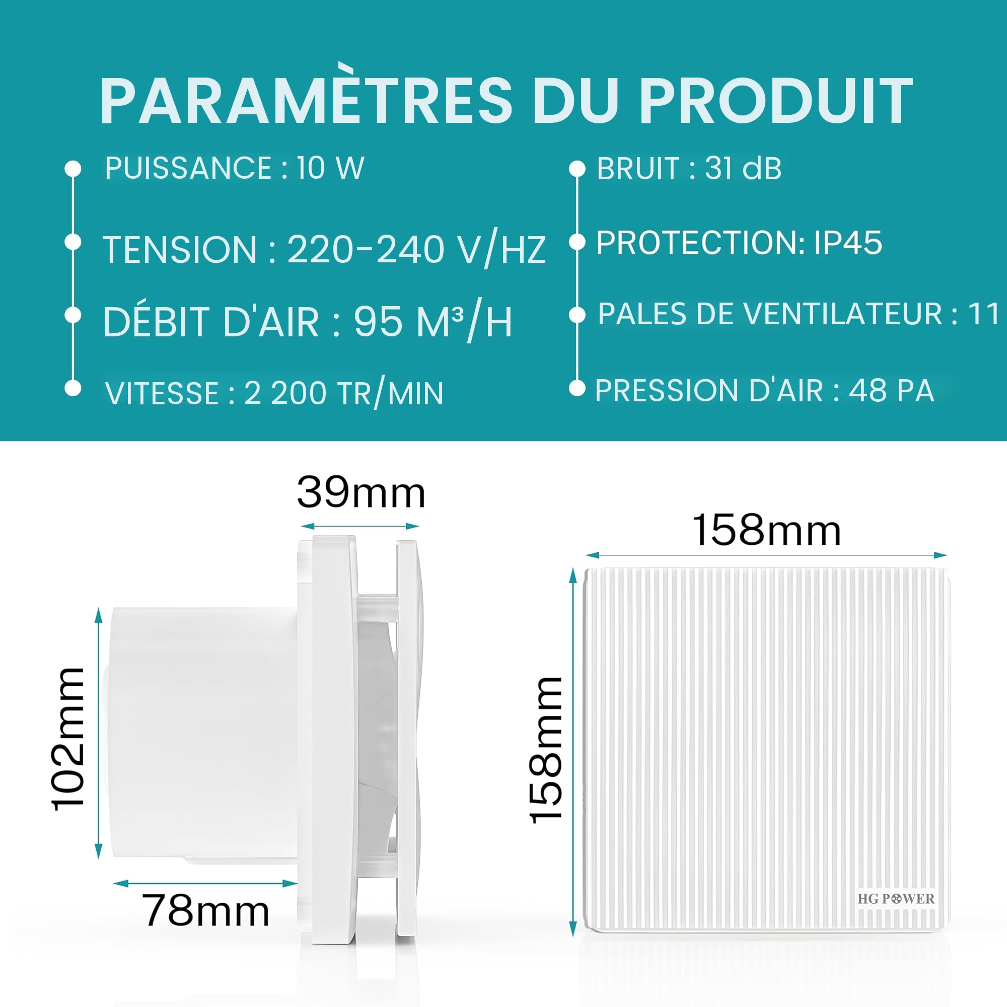 HG Power Ventilateur de Salle de Bain 100mm avec Capteur d'humidité Extracteur d'air Silencieux avec Fonction Minuterie IP45 Ventilateur d'extraction pour VMC Cuisine WC Garage Cave