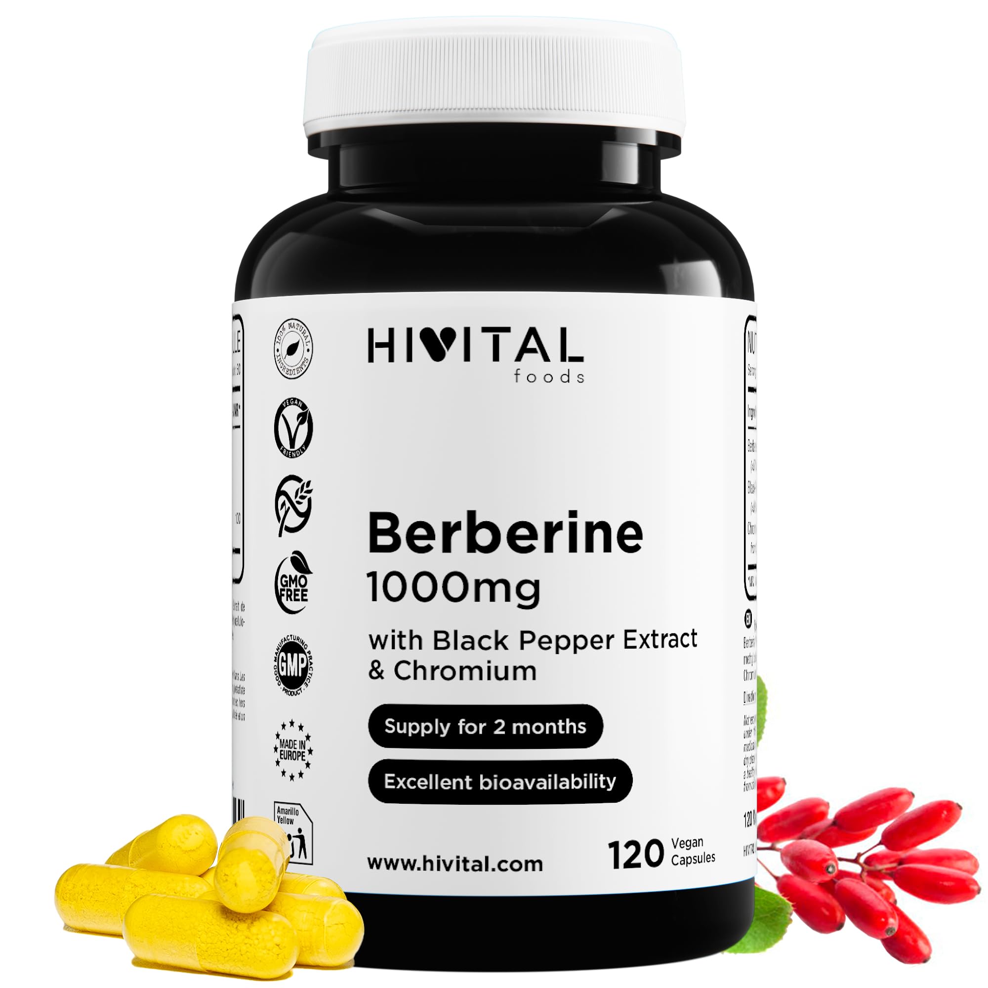 Berberina 1000 mg. 120 capsule vegane per 2 mesi di trattamento. Estratto naturale di Berberis Vulgaris con Cromo e Pepe Nero. Prodotto in Europa da HIVITAL