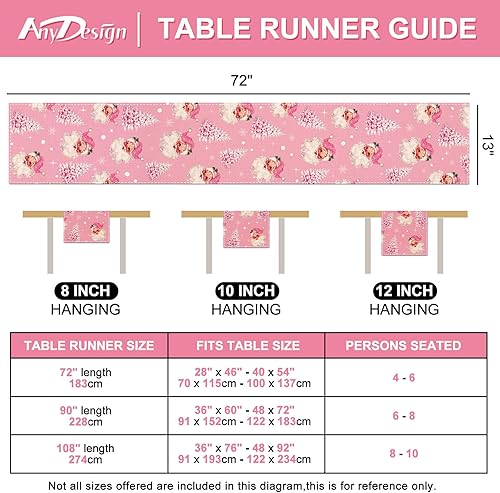 Miniatura 7 de AnyDesign - Camino de mesa de Navidad rosa para árbol de Navidad, Papá Noel, rectangular, decorativo, camino de mesa para decoración de