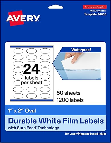 Avery Etiquetas ovaladas impermeables duraderas, tecnología Sure Feed, 1 "x 2", 1,200 en total, etiquetas impermeables resistentes al aceite y al