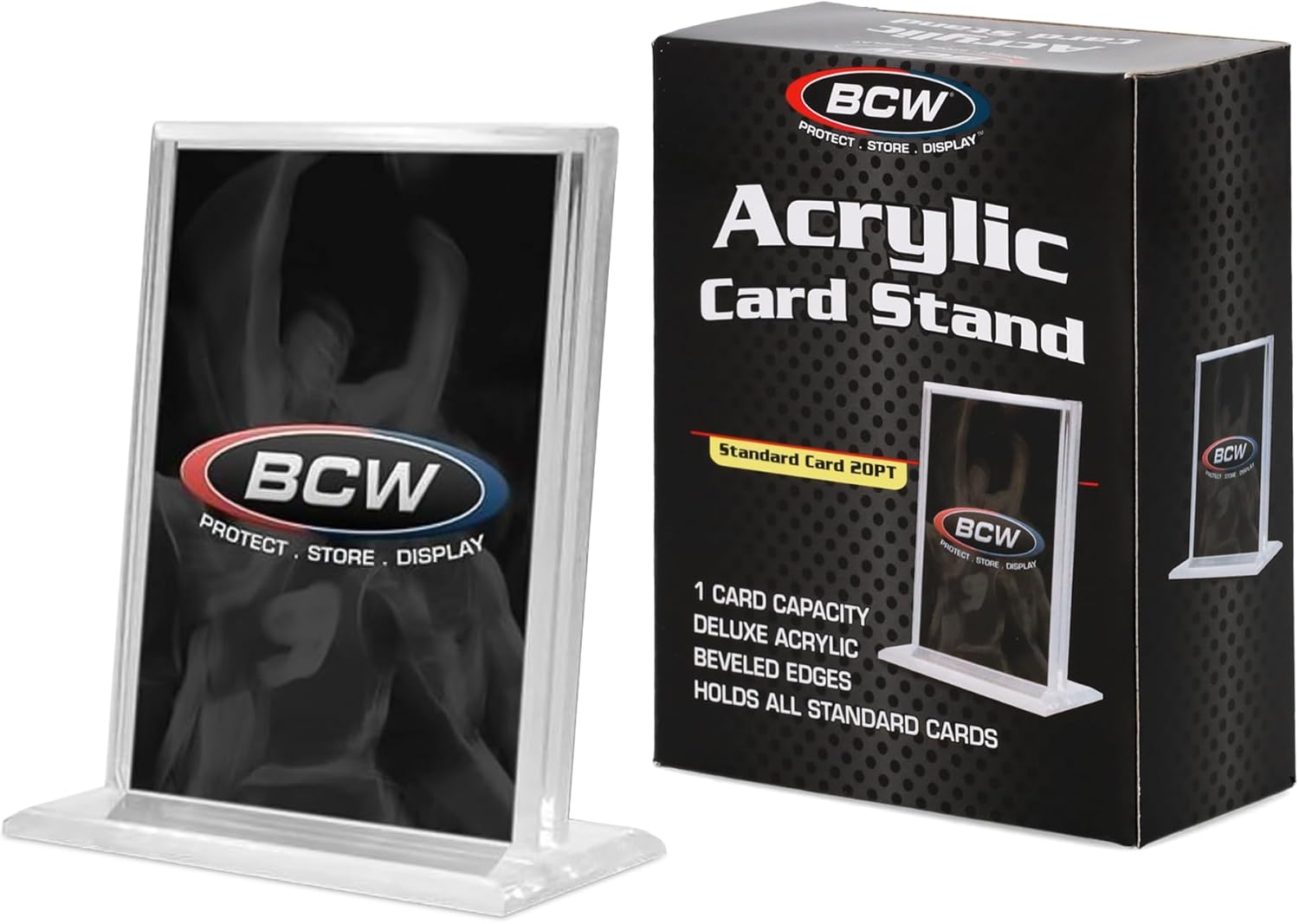 BCW Trading Card Display Stand - 1 ct | Acrylic Card Holder Stand for Sports Cards, Pokémon & TCG | Stable Vertical Card Stand with Beveled Edges | Clear Sports Card Display Stand