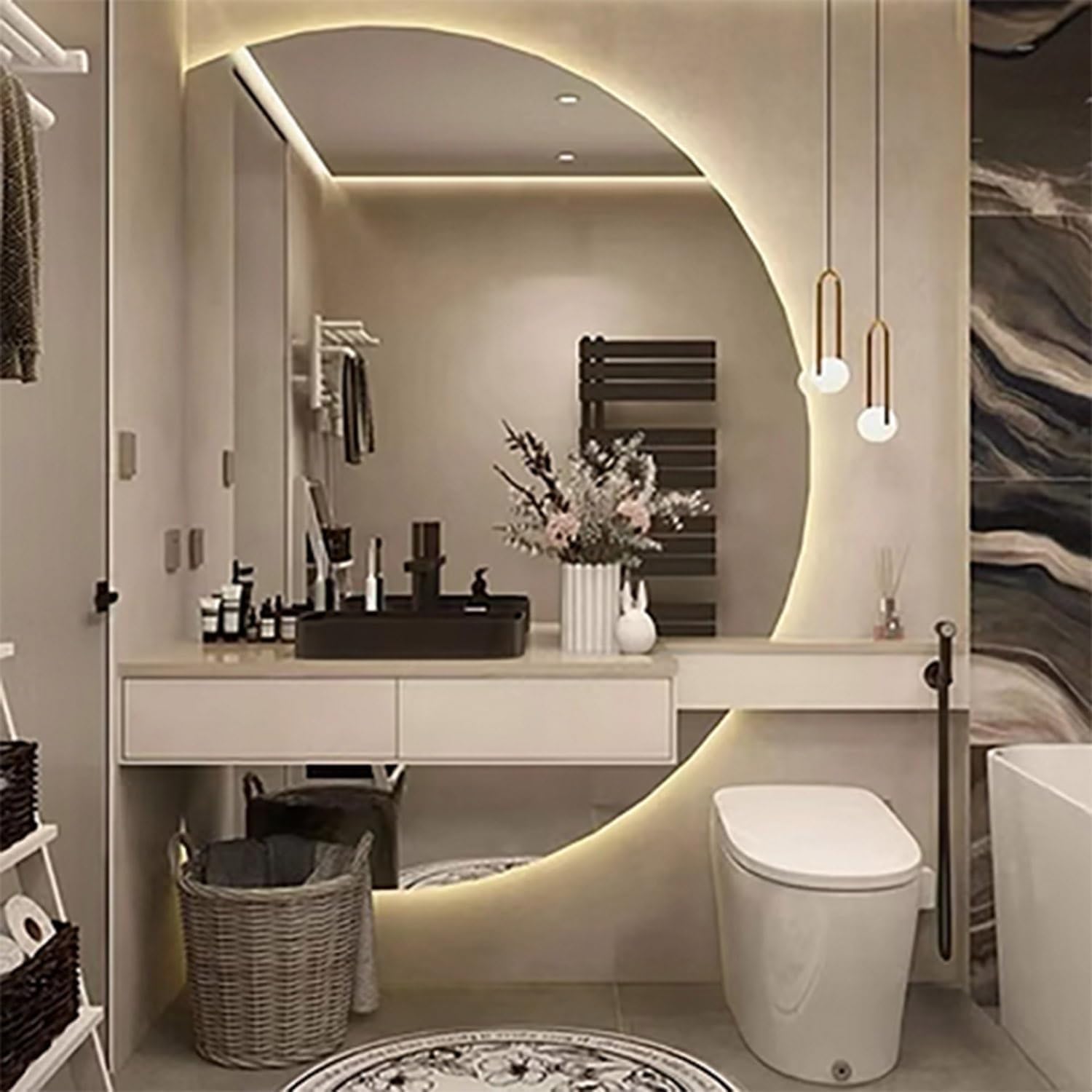 FGXHHS Frameless with LED Backlit Touch Button, Half Moon Design for Home Decor and Entryway