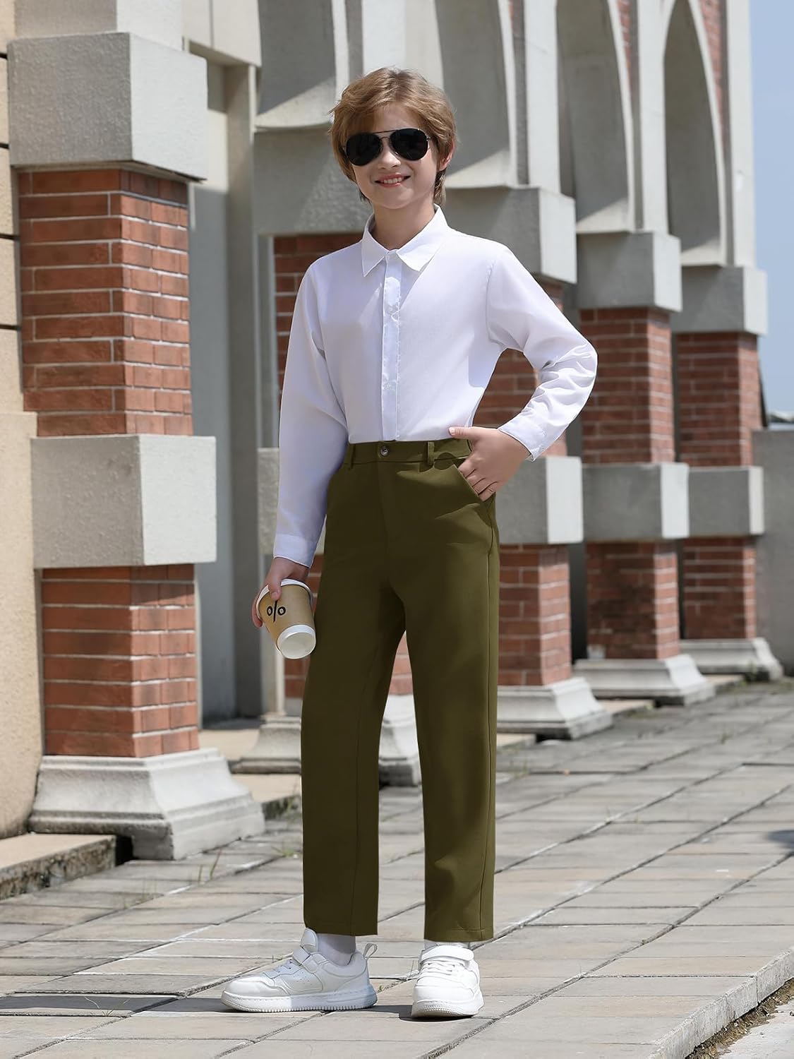 Haloumoning Boys Dress Pants Kids Elastic Waist Straight Leg Uniform Pants Casual Trousers with Pockets - Image 4