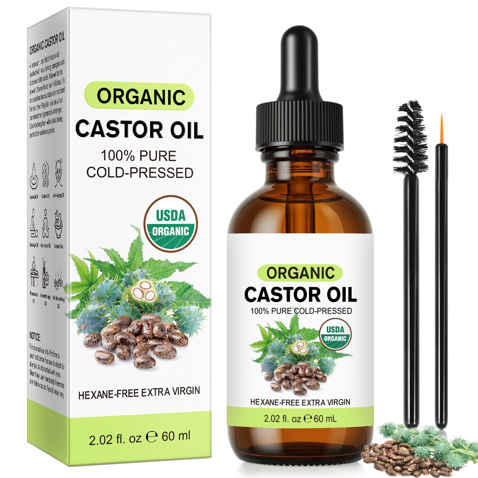 Organic Castor Oil 60ml, 100% Natural and Pure Castor Oil, Stimulate Hair Growth, Lighten Fine Lines and Firm the Skin