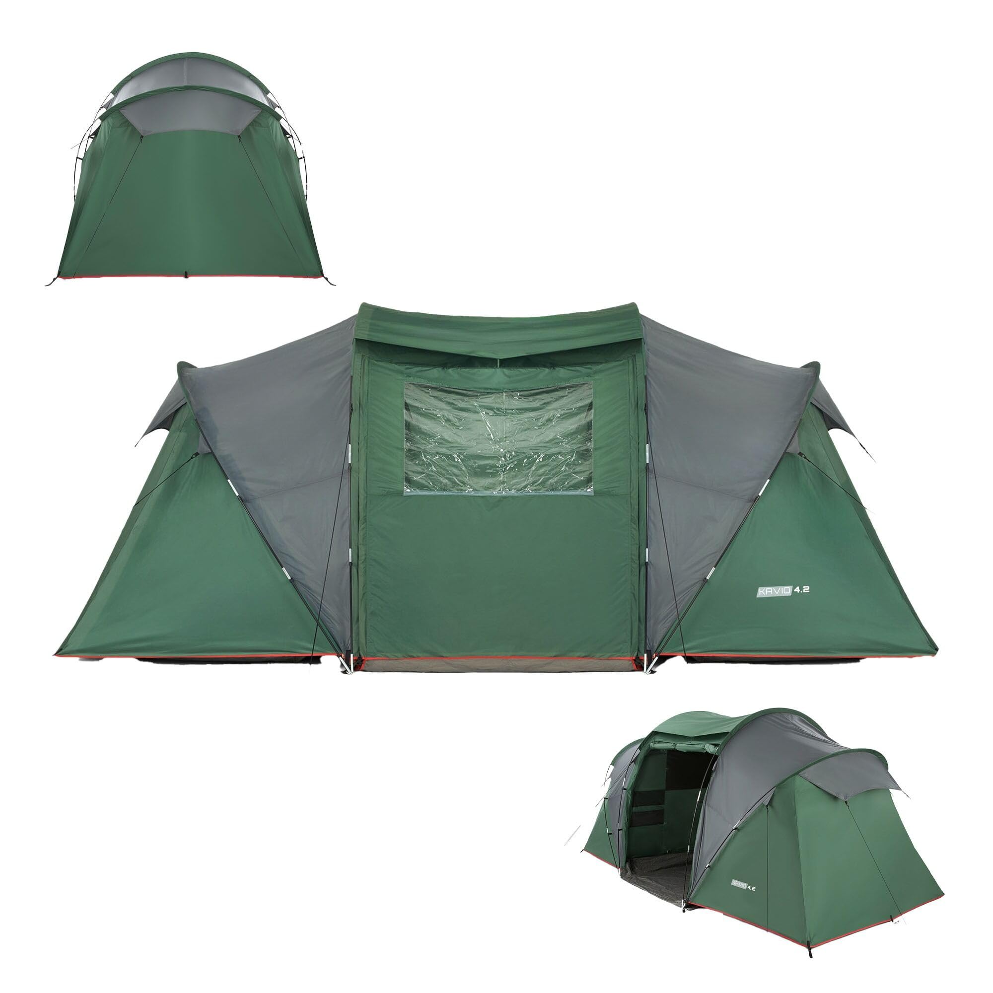 KADVA Tienda de campaña Kavio 4.2, para 4 Personas, con 2 dormitorios, Gran vestíbulo con iluminación, Resistencia al Agua 2000 mm, mosquitera, Marco Exterior Estable, compacta (68 x 30 cm, 11,96 kg)