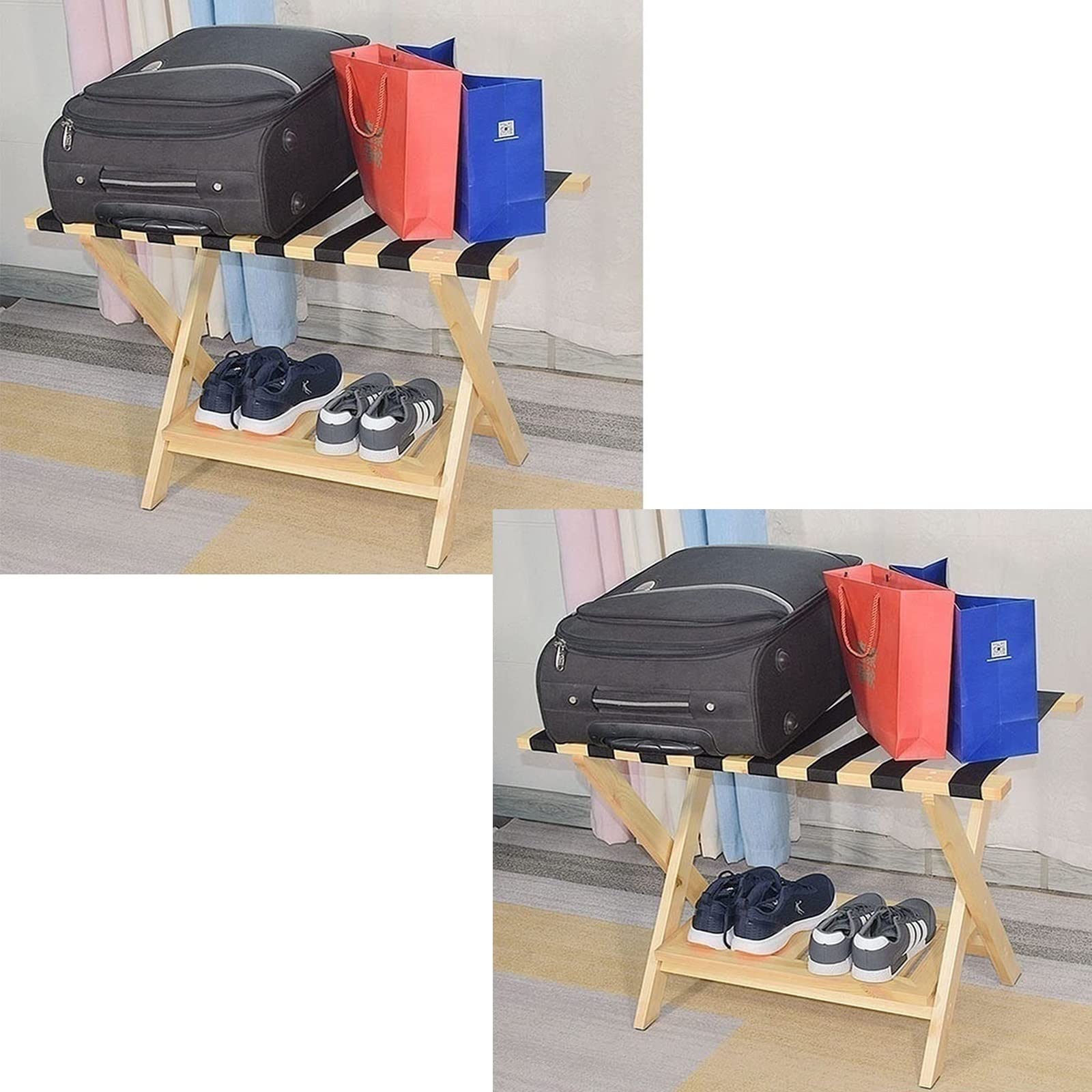 Porte-bagages en bois massif pliable avec étagère à chaussures basse pour chambre d'amis