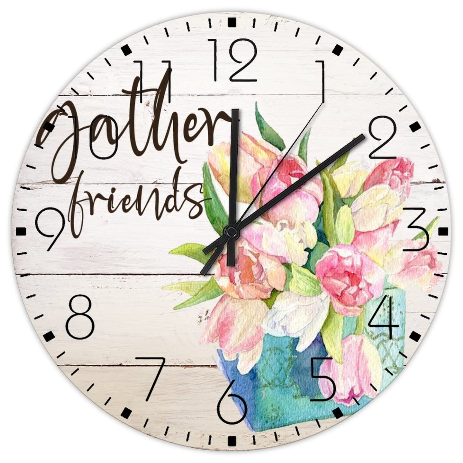 Horloge murale en bois 30 cm avec motif floral aquarelle rustique pour salon