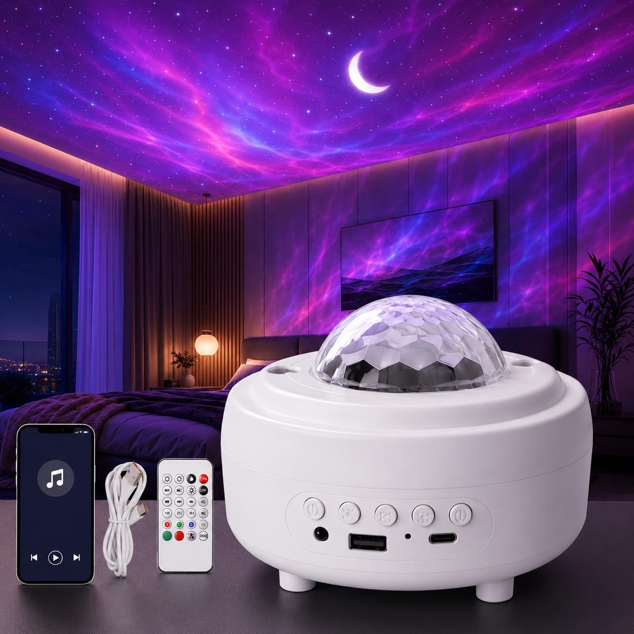 Galaxy Projector with Bluetooth Speaker, Aurora Star Projector Night Light with Moon, USB Rechargeable, Remote, Timer, 16 Colors, 3 Modes for Bedroom, Game Room, Party Decor