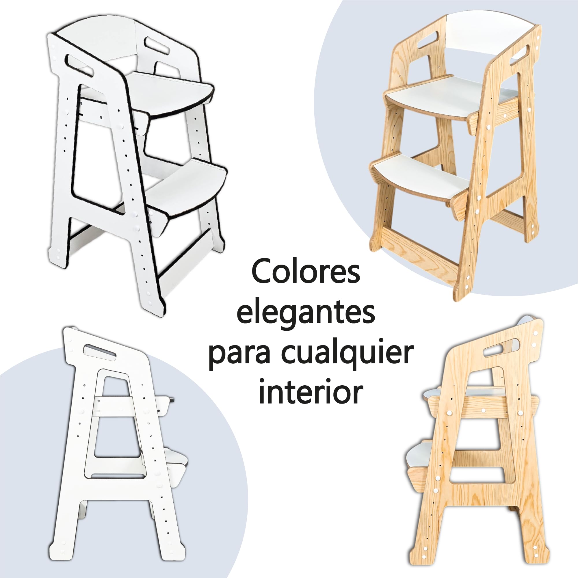 Silla Evolutiva Montessori Classic de Madera para Niños 3-8 Años, Altura Ajustable, Diseño Ergonómico, Resistente hasta 80kg, Ideal para Cocina, Estudio, Juego y Comedor (Pino)