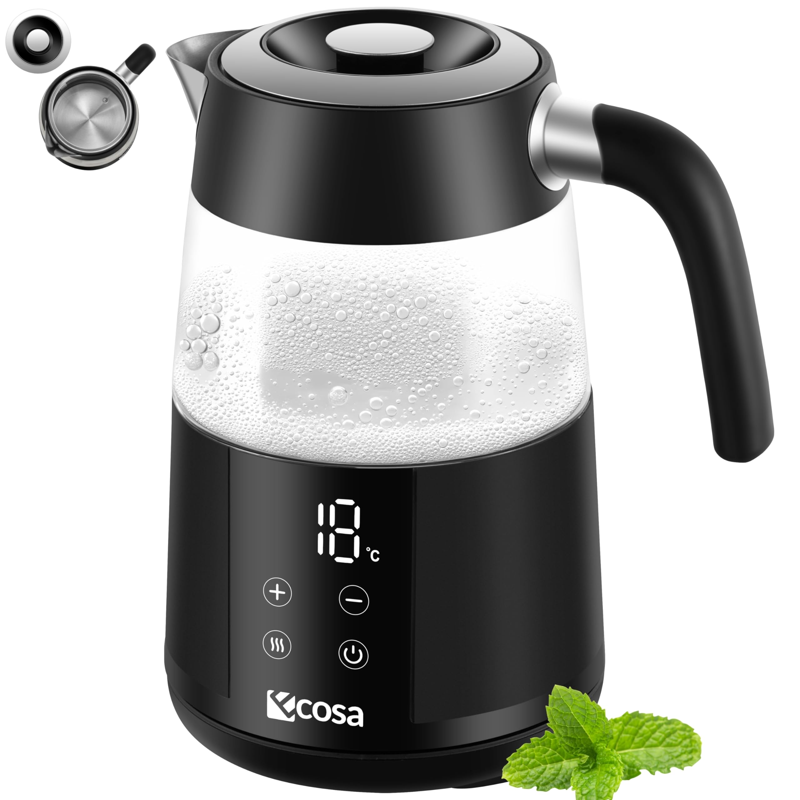 Ecosa® Wasserkocher mit Temperatureinstellung Glas Edelstahl - Teekocher 2.200 Watt 1,7 Liter- BPA Frei mit Temperaturwahl 40°C-100°C Warmhaltefunktion Digitales Sensor Touch-Display Kalkfilter