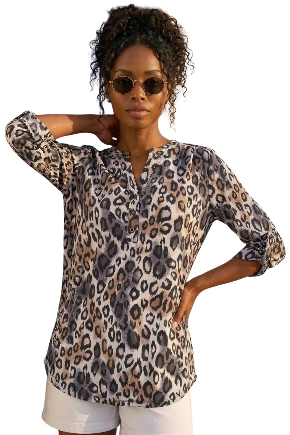 Roman Women's Taupe Animal Print Stretch Blouse