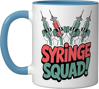 Syringe Squad Design for Nurses and Assistants Ceramic Mug, Blue/White