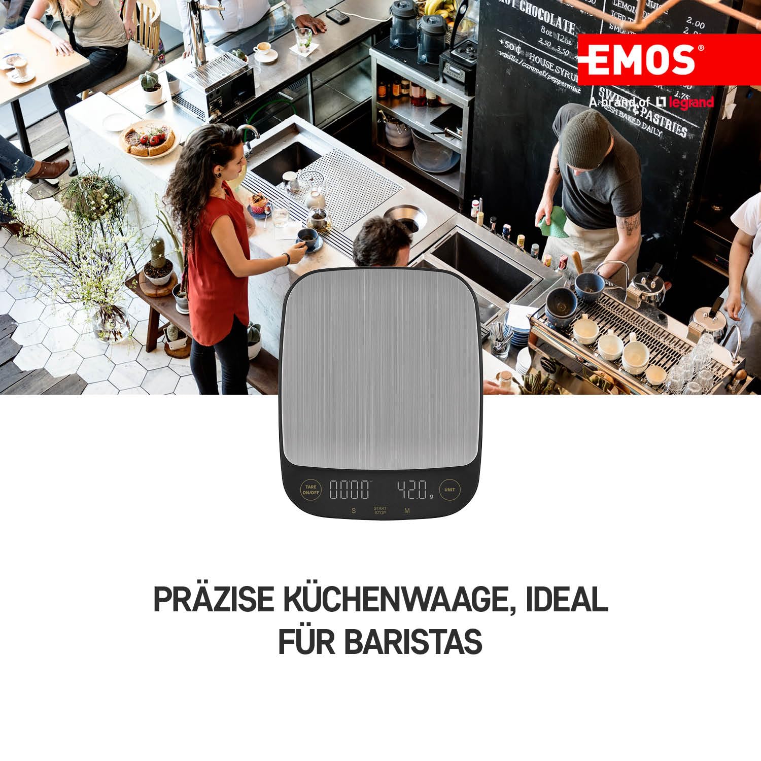 EMOS Stainless Steel Digital Kitchen Scales with LED Display, Electronic Coffee Scales for Hanging, Accuracy 0.1g, Maximum Load 3.0kg, Tare Overload Alarm, Shut-Off Function, Timer, Batteries Included