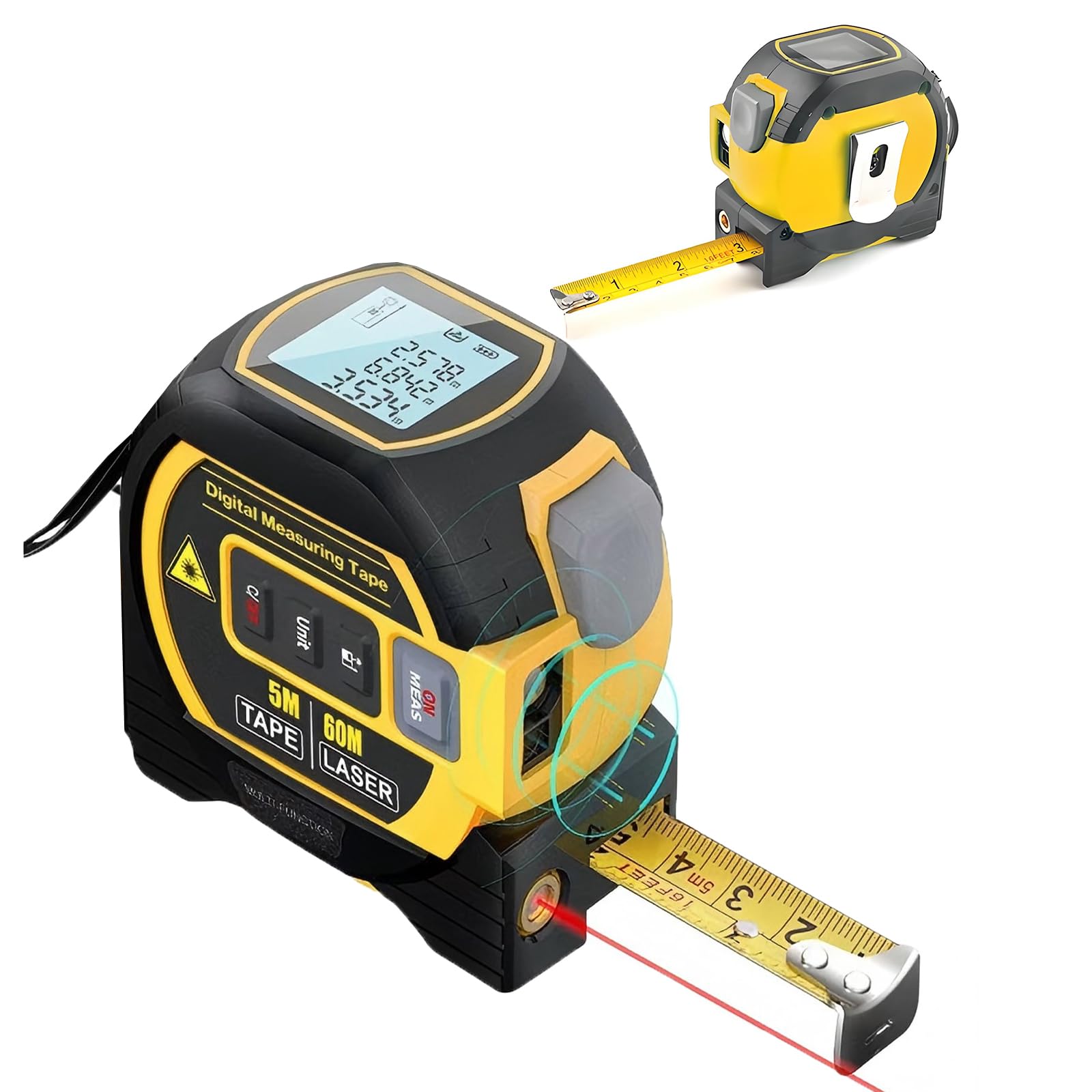 Tape Measure 3-in-1 Laser Digital Measuring Tape Ruler-LCD Backlight 5M/16Ft Tape & Laser 60m/197Ft Rangefinder,Crosshairs Markings,Data Storage,