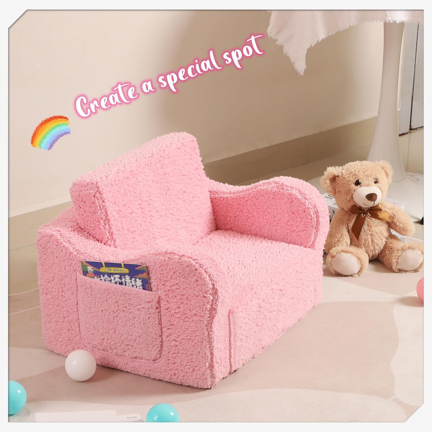 Kids Sofa, 2-in-1 Flip-Out Foam Couch with Soft Sherpa Cover, Cozy Play Lounge Chair, Pink - Image 6