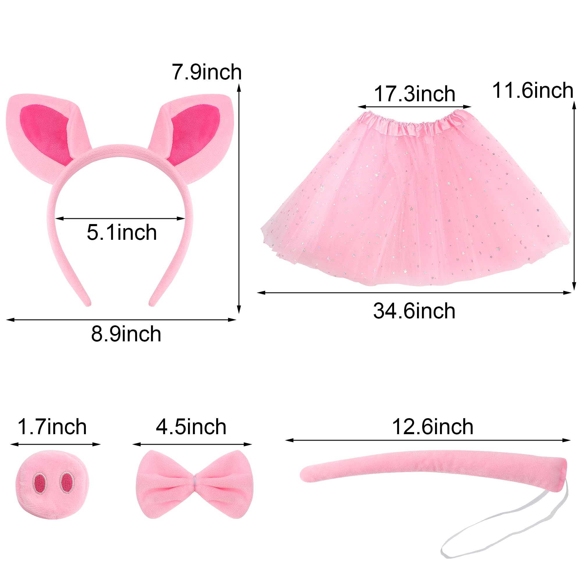 Exacoo Pink Pig Costume Set Fuzzy Pig Ears Headband Piggy Nose Tail Tutu Skirt Bowtie Kit Animal Circus Costumes Dress Up Halloween Cosplay Decoration Cute Piglet Outfit