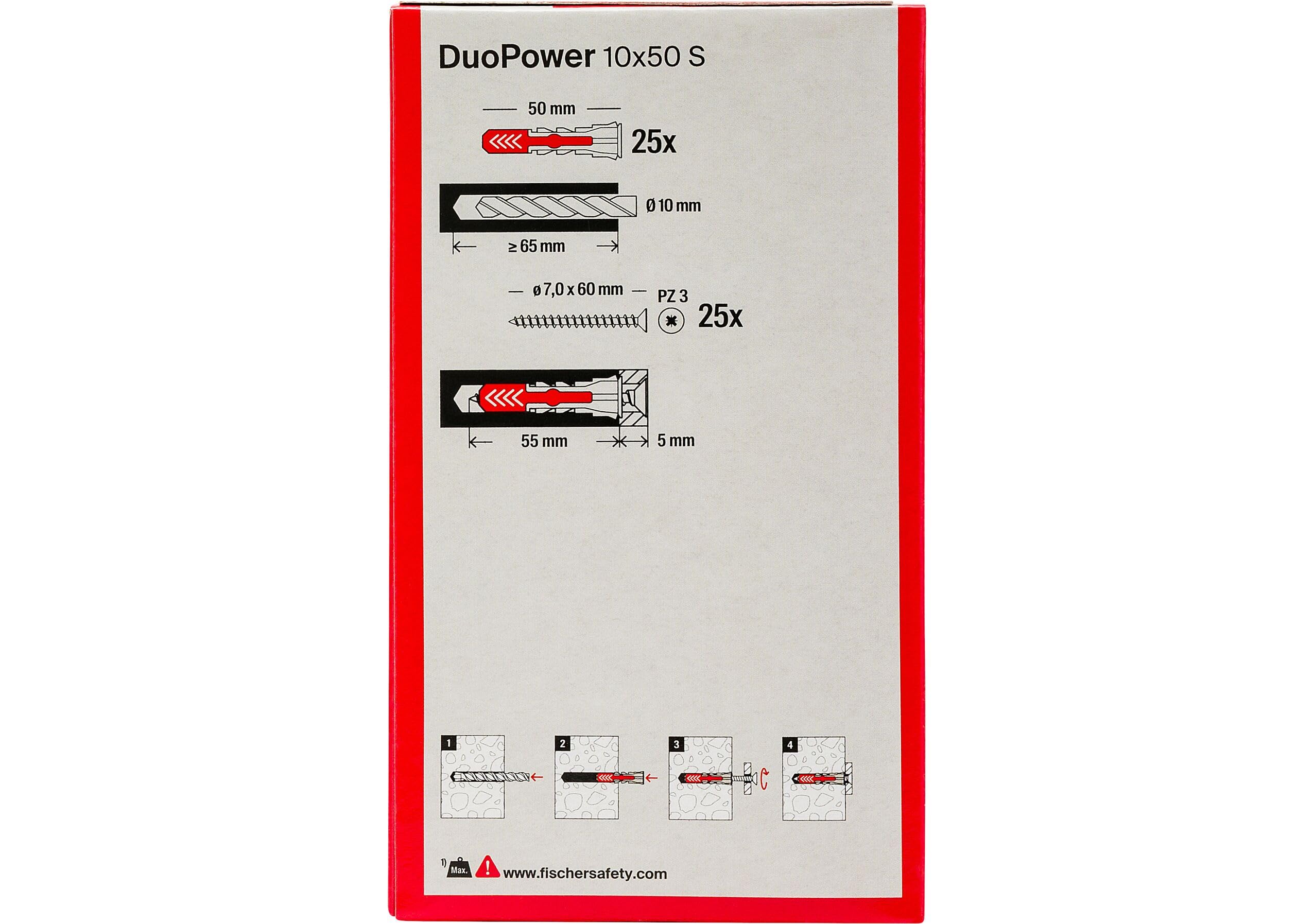 Fischer 25 x Dübel mit Schraube DuoPower 10 x 50 mm, für Mauern, Lochstein, Gipskarton, 537648 – Ansicht 3