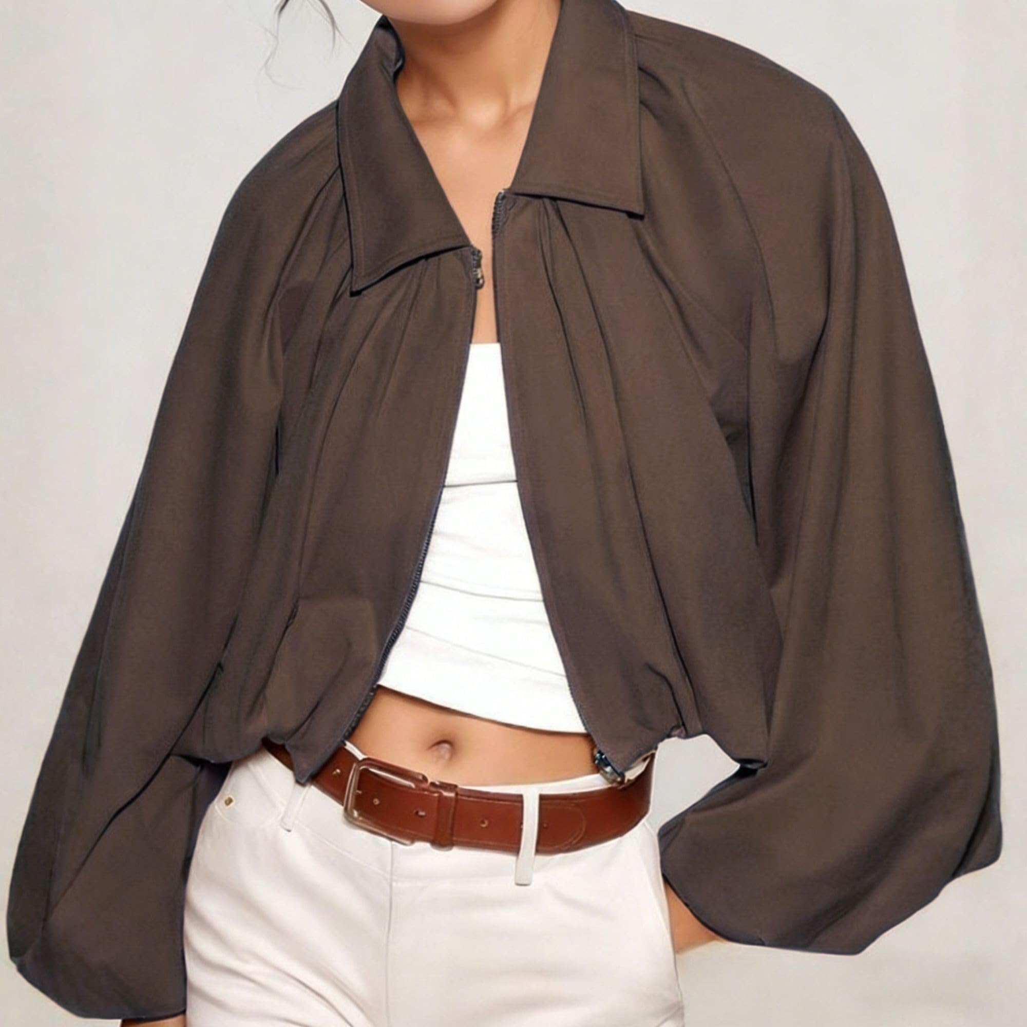 Générique Blouson Bomber Femme Printemps Automne, Manches Bouffantes Ourlet Bulle Court Col Revers Zip Ample, Veste Plissée Décontractée