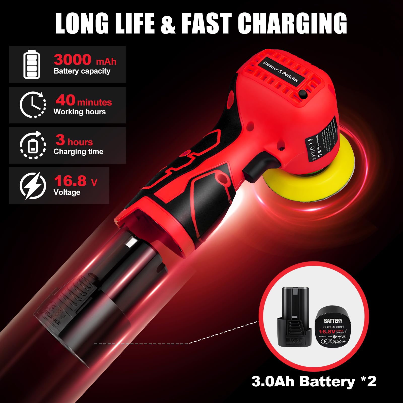 Lijadora inalámbrica, lijadora de palma de 3 pulgadas con 2 baterías de 16.8 V 3.0 Ah, mini pulidora de 3500 rpm, herramienta de lijadora de 30 accesorios para lijar/pulir/encerar/limpiar