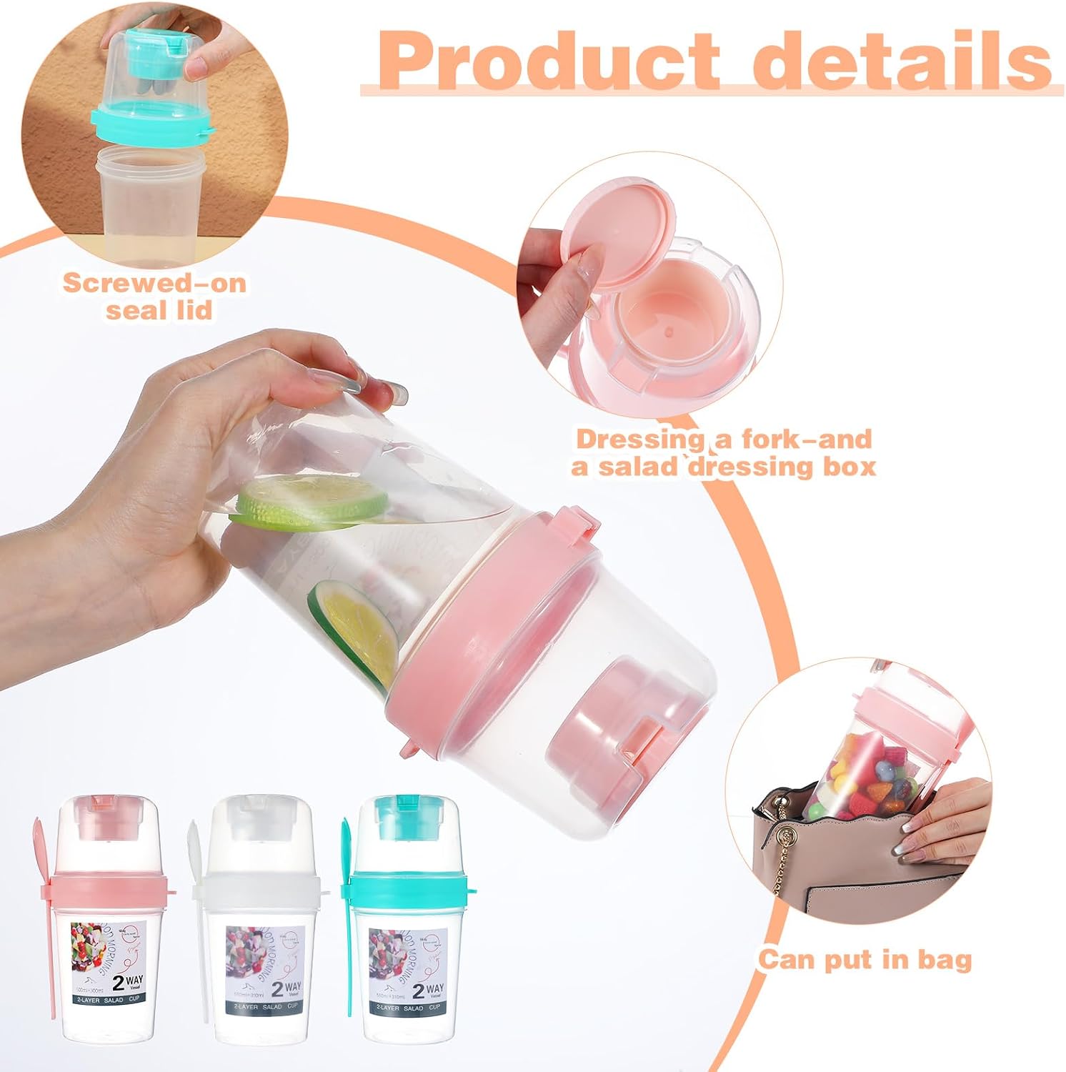 6 Pcs Salad Shaker Cup with Lids and Fork Fresh Salad Shaker Container for Lunch, Portable Breakfast Meal Vegetable and Fruits, White, Pink, Green
