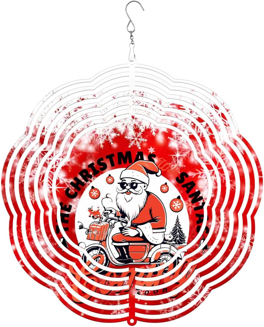 The Christmas with Santa Christmas Wind Spinners 3D Stainless Steel Laser Cut Metal Double Sided Printing-Hanging Indoor/Outdoor Decorations Yard Gardening Decor,Metal Kinetic Art 16x16 inches