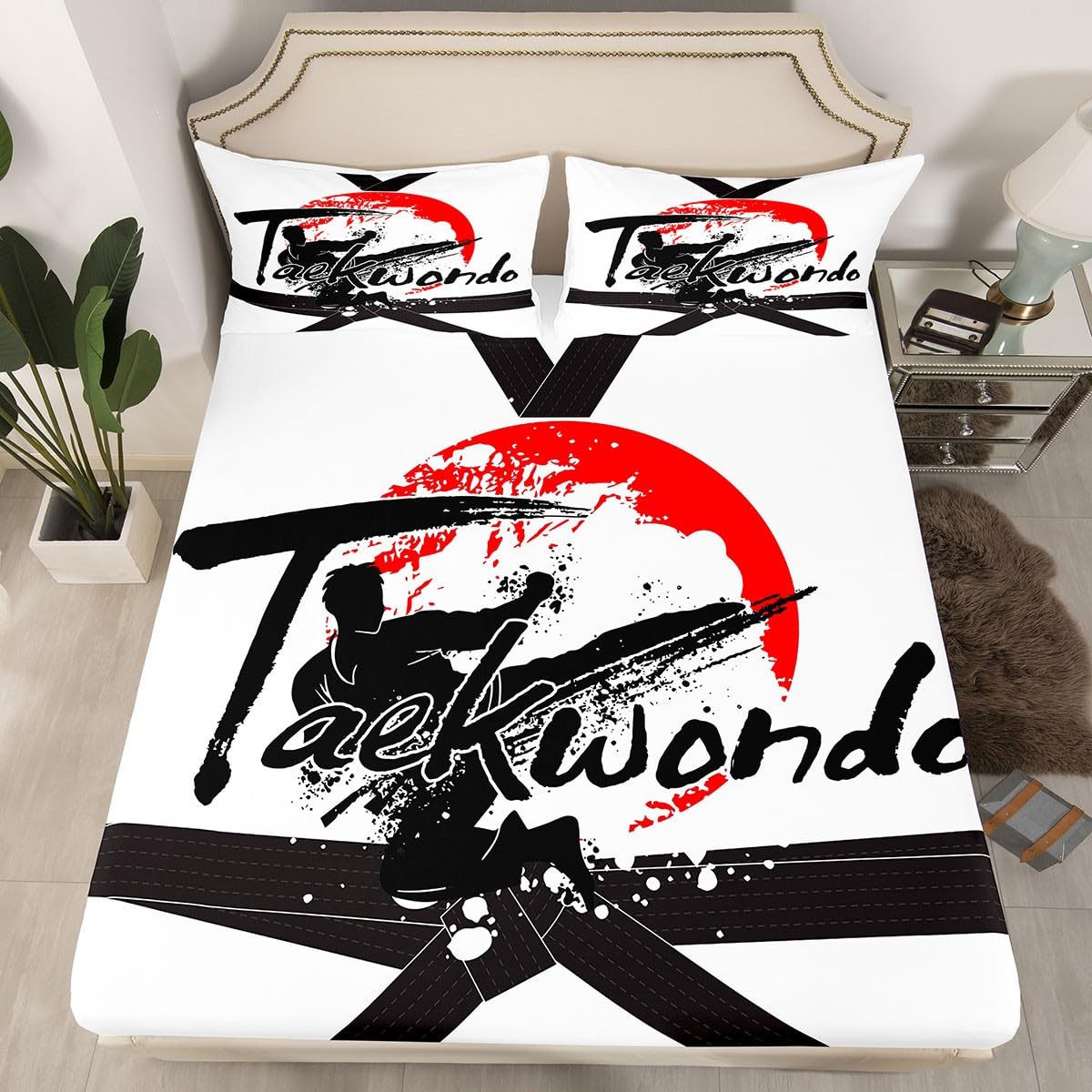 Taekwondo Kids Fitted Sheet Single Size, Sports Theme Bed Cover with 1 Pillowcase